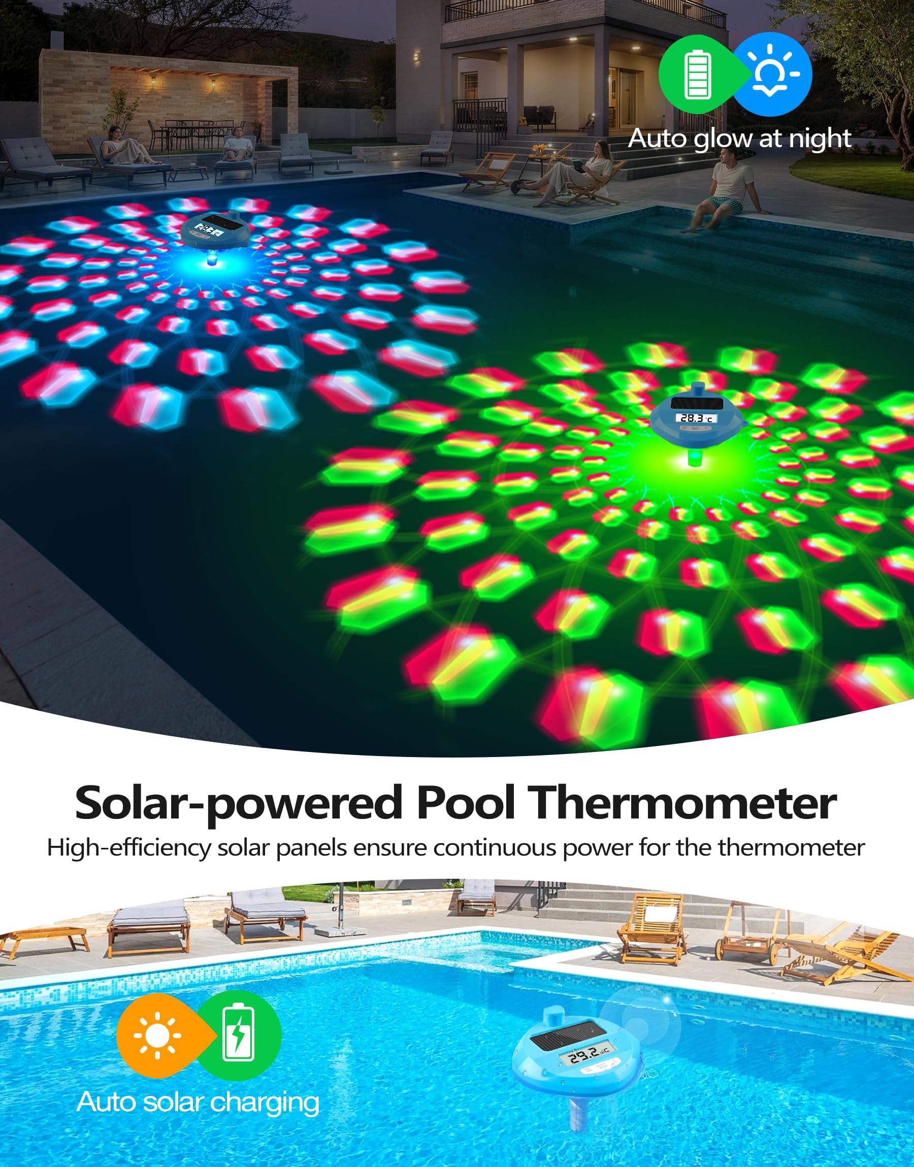 DeeprBlu 2026 Pool Thermometer Funk Solar, Poolthermometer Schwimmend mit Dynamische LED-Lichtshow & Duale Hintergrundbeleuchtung, 200 Meter Kabellose Übertragung, Poolthermometer Digital Funk für Spa