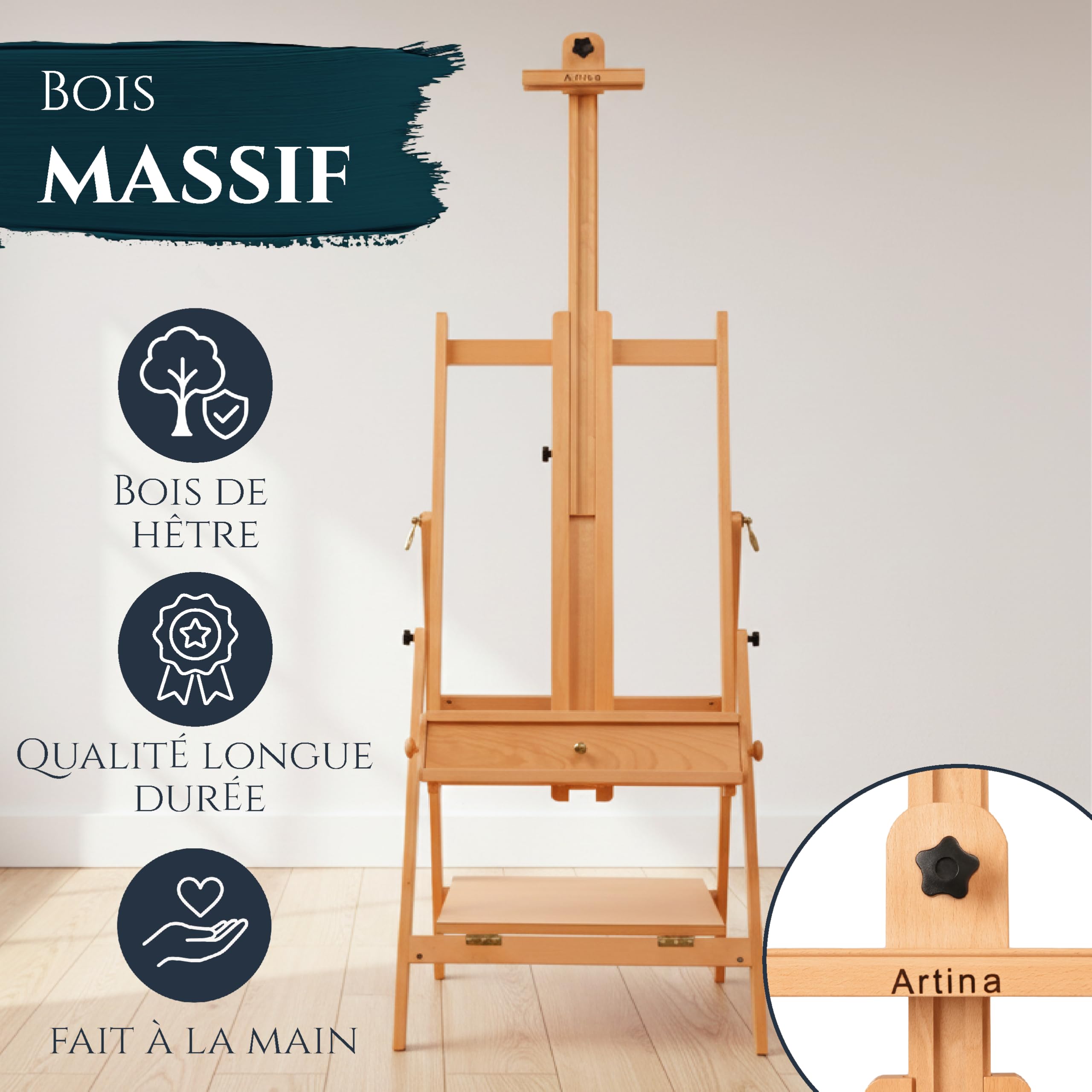 Artina chevalet de studio en bois hêtre réglable pliable pour châssis toile