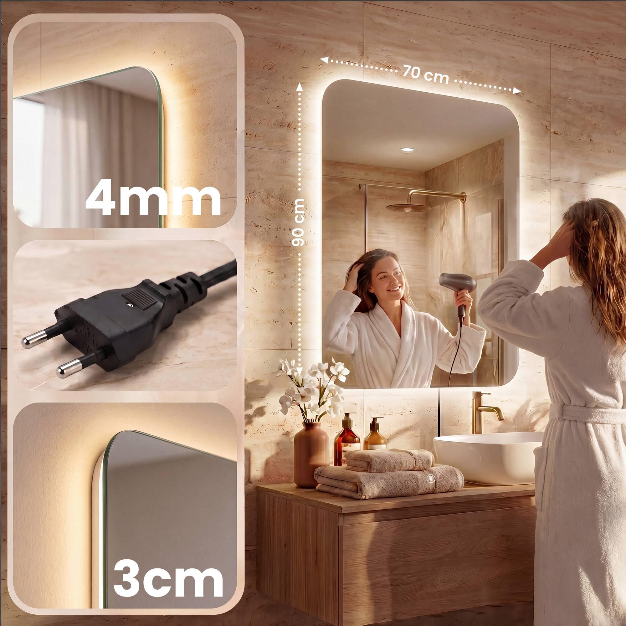 CLP Badspiegel mit LED-Beleuchtung eckig, Badezimmerspiegel mit Touch-Dimmer, 3 Lichtfarben, beschlagfrei, rahmenloser Wandspiegel Ariva, Größe:70x90 cm