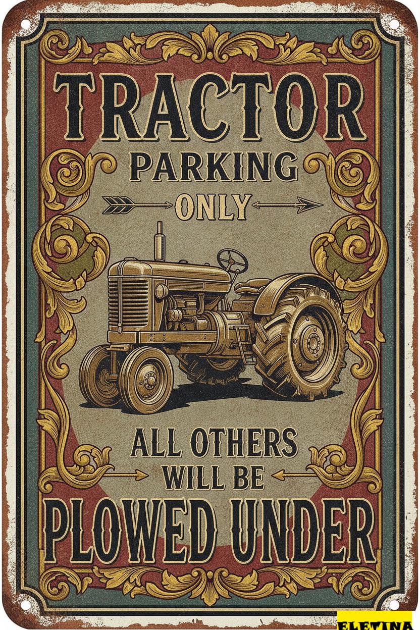 Tractor Parking Only All Others Plowed Under Metal Tin Warning Sign Safety Yard Road Street Gate 8x12in