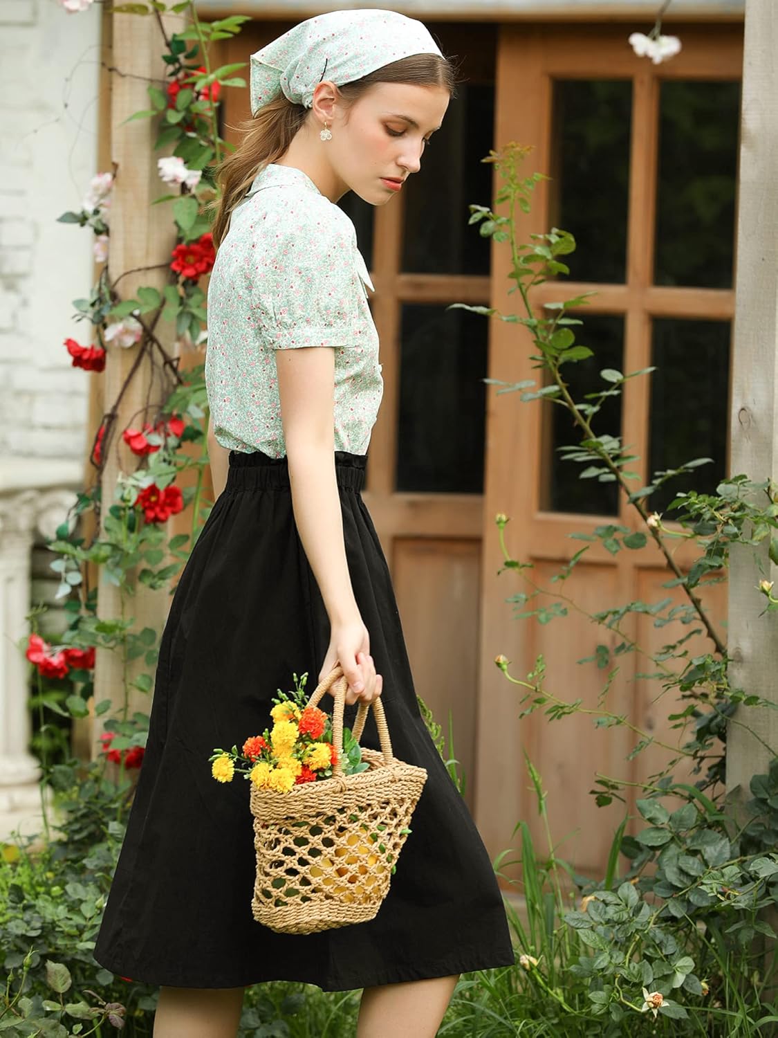 Allegra K Women's Cotton A-Line Skirt Elastic Waist Casual Peasant Midi Skirts with Pockets - Image 2