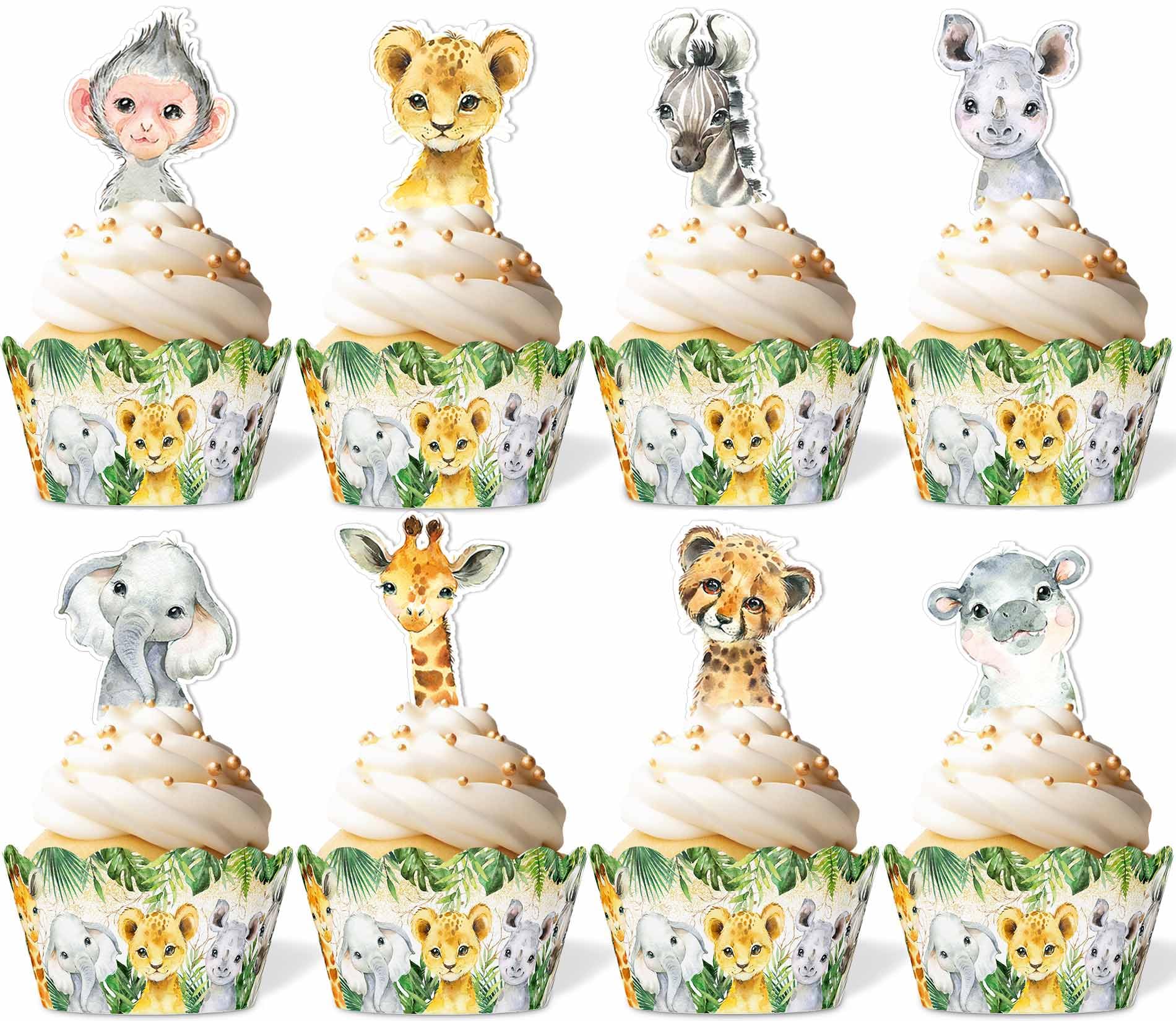 96PCS Jungle Safari Baby Shower Cupcake Toppers and Wrappers Set (48 of each), Safari Animals Cupcake Decorations for Boys Kids, Wild One Themed
