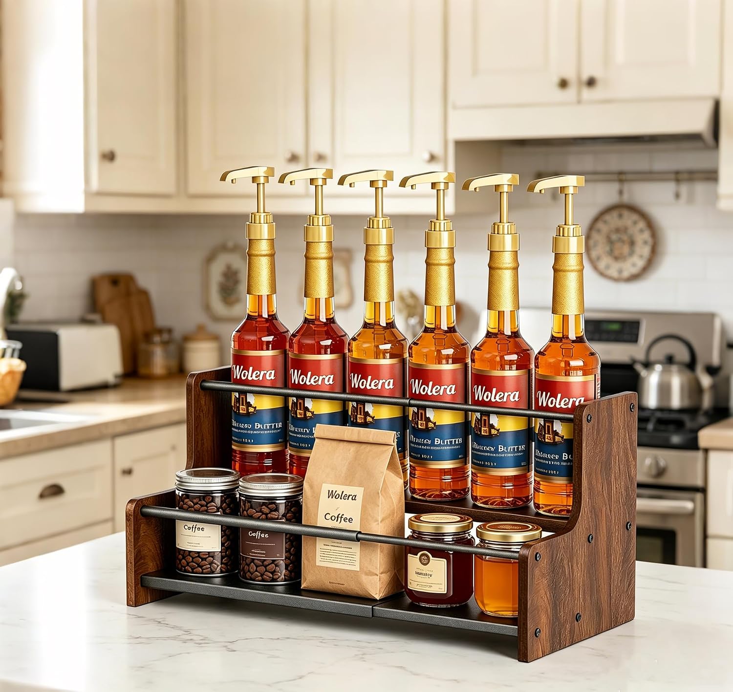 2-Tier Expandable Coffee Syrup Organizer – Countertop Rack Holds 8 to 12 Syrup Bottles, Display Shelf, Customizable Length Coffee Bar Shelf for Liquor, Spice Jars & Wine, Heavy Duty Coffee Bar Storage