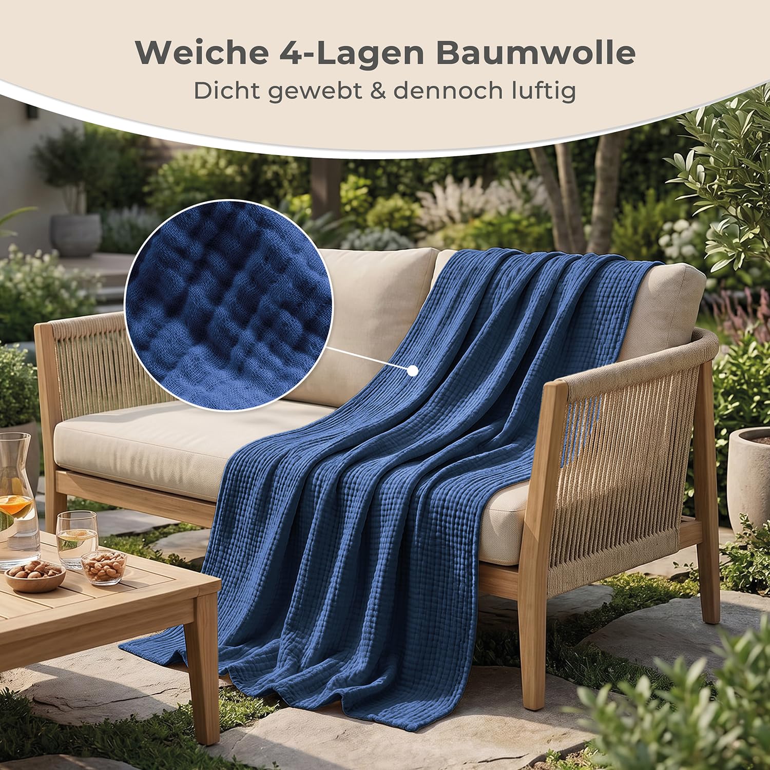 LAYNENBURG Premium Musselin Tagesdecke 180x220 cm - 100% Baumwolle - extraweiche Baumwolldecke als Kuscheldecke, Bett-Überwurf, Sofa-Überwurf, Couch-Überwurf - warme Sofa-Decke (Blau)