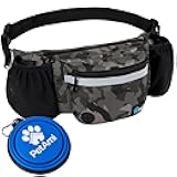 Dog Fanny Pack, Treat Pouch for Dog Walking, Training, Built in Poop Bag Dispenser, Water Bottle Holder, Collapsible Bowl, Pet Treat Waist Belt for Hiking, Running, Kibbles (Camo Black)