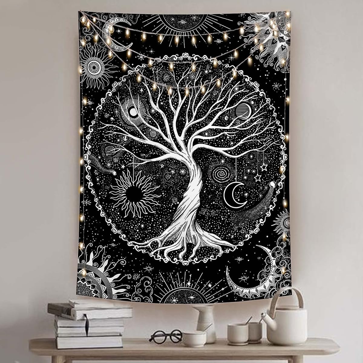 Lunerfex Tree of Life Tapestry Black and White Tapestry Mystical Sun and Moon Tapestries for Bedroom and Living Room Decor Black Tree 36×48 Inches