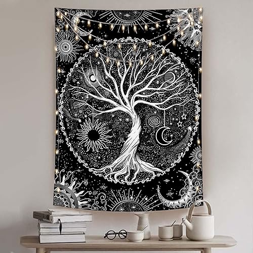 Miniatura 13 de Lunerfex Árbol de la vida, tapastry con diseño de sol y luna, diseño bohemio con mandala para colgar en la pared para dormitorio y sala de estar