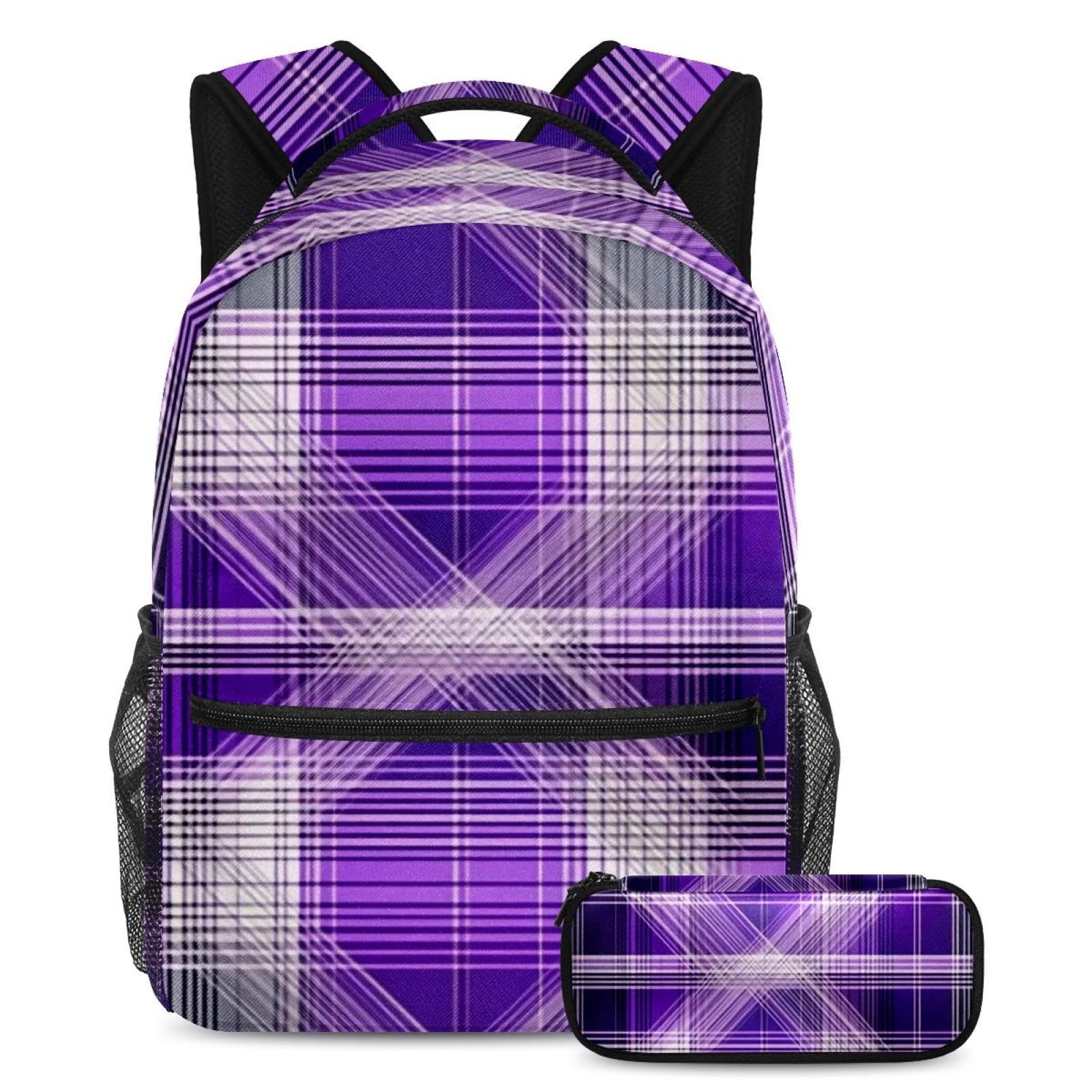 Ensemble sac à dos rétro violet damier style vintage avec trousse de rangement - 2