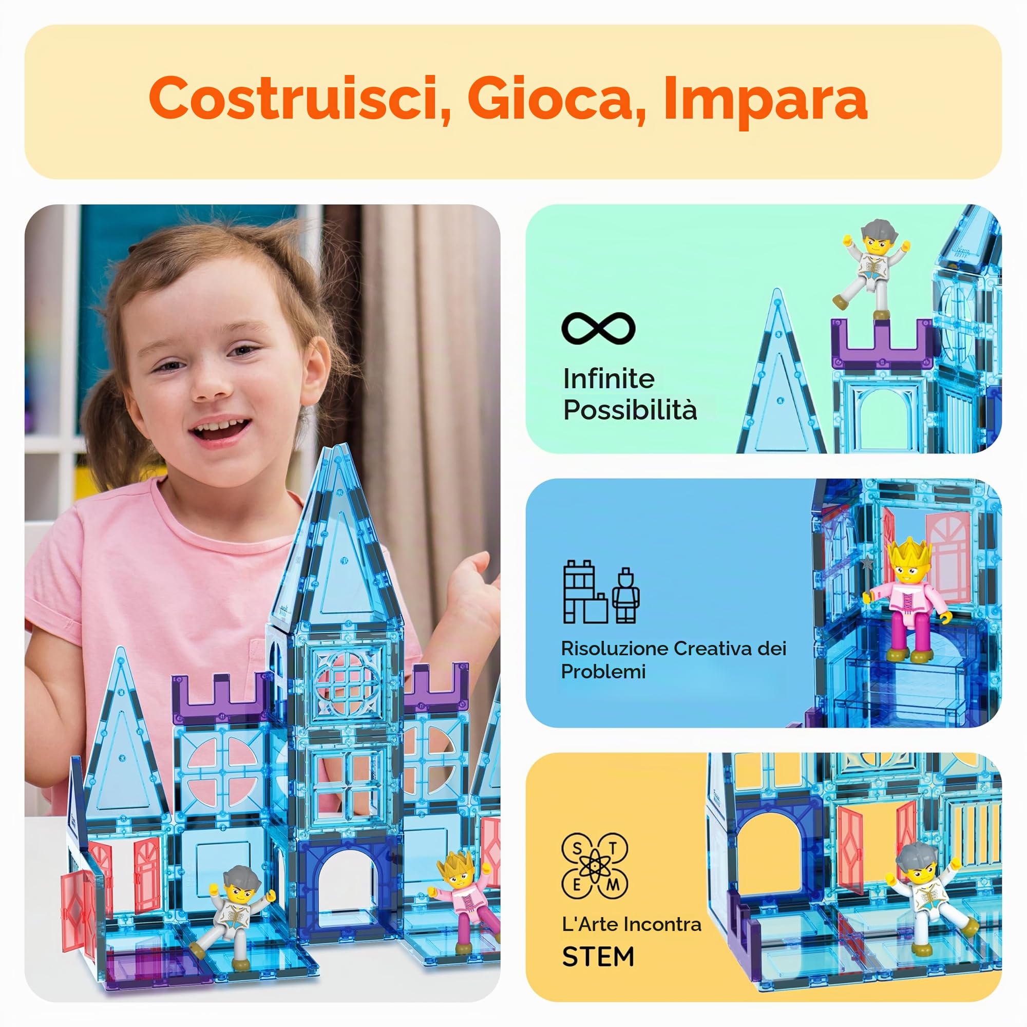 PicasssoTiles PT72 - Set di 72 mattonelle magnetiche per edifici a tema castello invernale a tema ghiaccio, con personaggi Principessa Principe, scale, finestre, porte, giocattolo educativo per