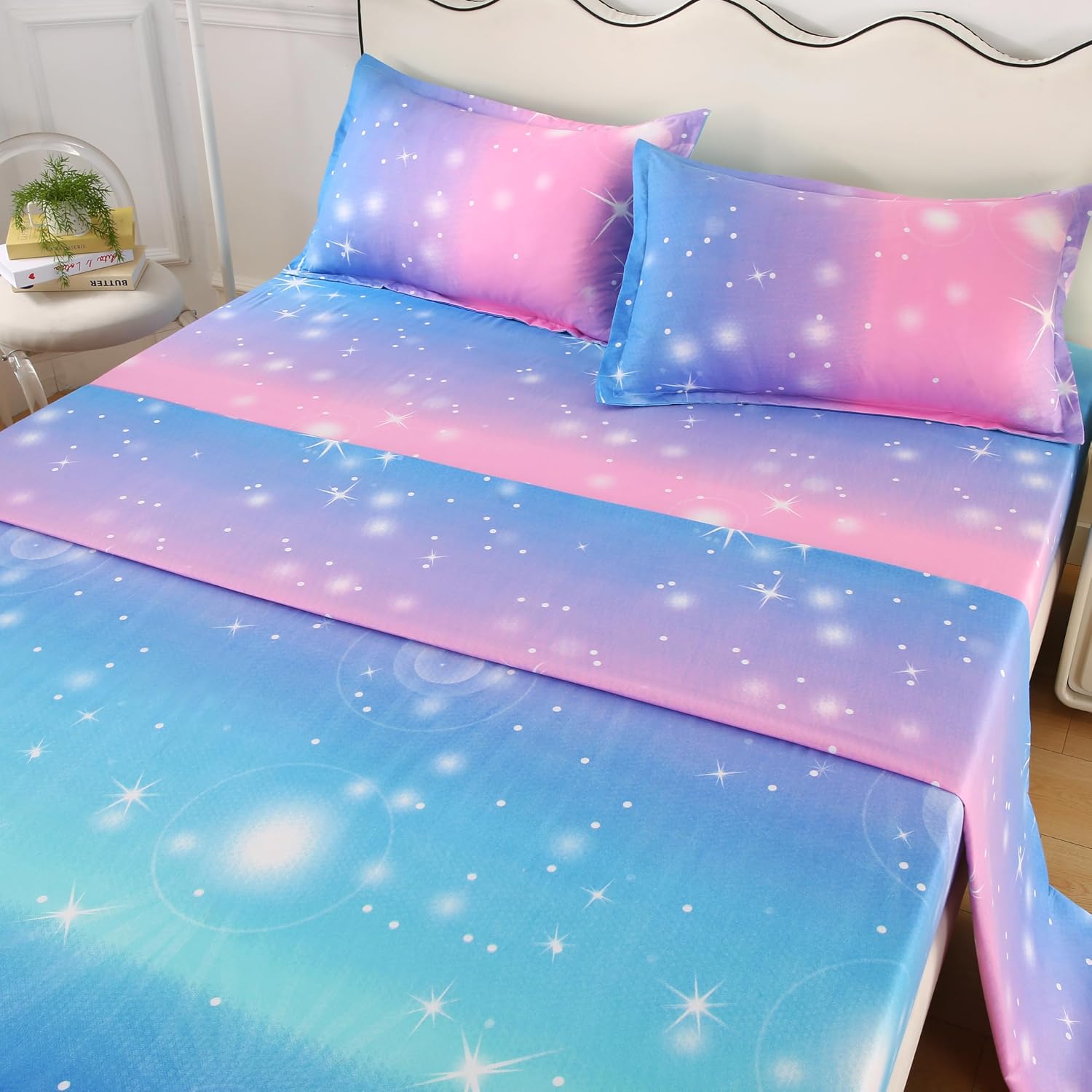 Rainbow Galaxy Sheet Set Twin Size, 3-Piece Bedding with Glitter Star Ombre Design - Ultra-Soft Microfiber for Kids, Girls, Teens (Vibrant Blue, Twin)