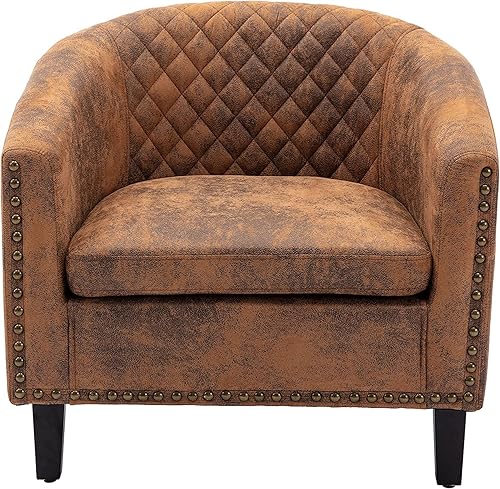 Miniatura 4 de Goujxcy Sillón de barril estilo club para sala de estar, acogedora y moderna silla de microfibra con cabeza de clavos y patas de madera maciza para