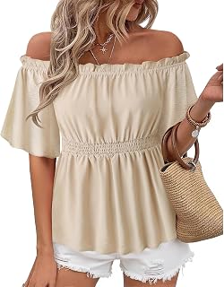 Women's Summer Off The Shoulder Short Sleeve Chiffon Blouse Ruffle Hem Tops