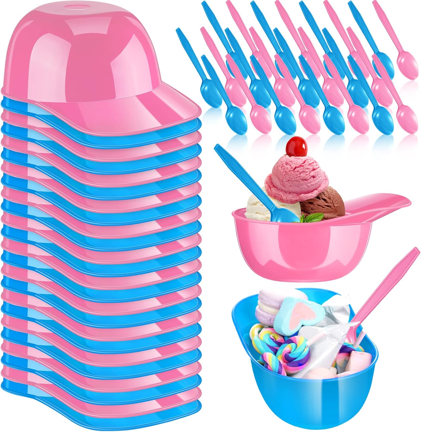 Suclain 24 Count Baseball Helmet Snack Ice Cream Bowl 24 Pcs Disposable Taster Spoons 8 oz Mini Sundae Bowls Dessert Plastic Spoons for Party Supplies(Pink, Sky Blue)
