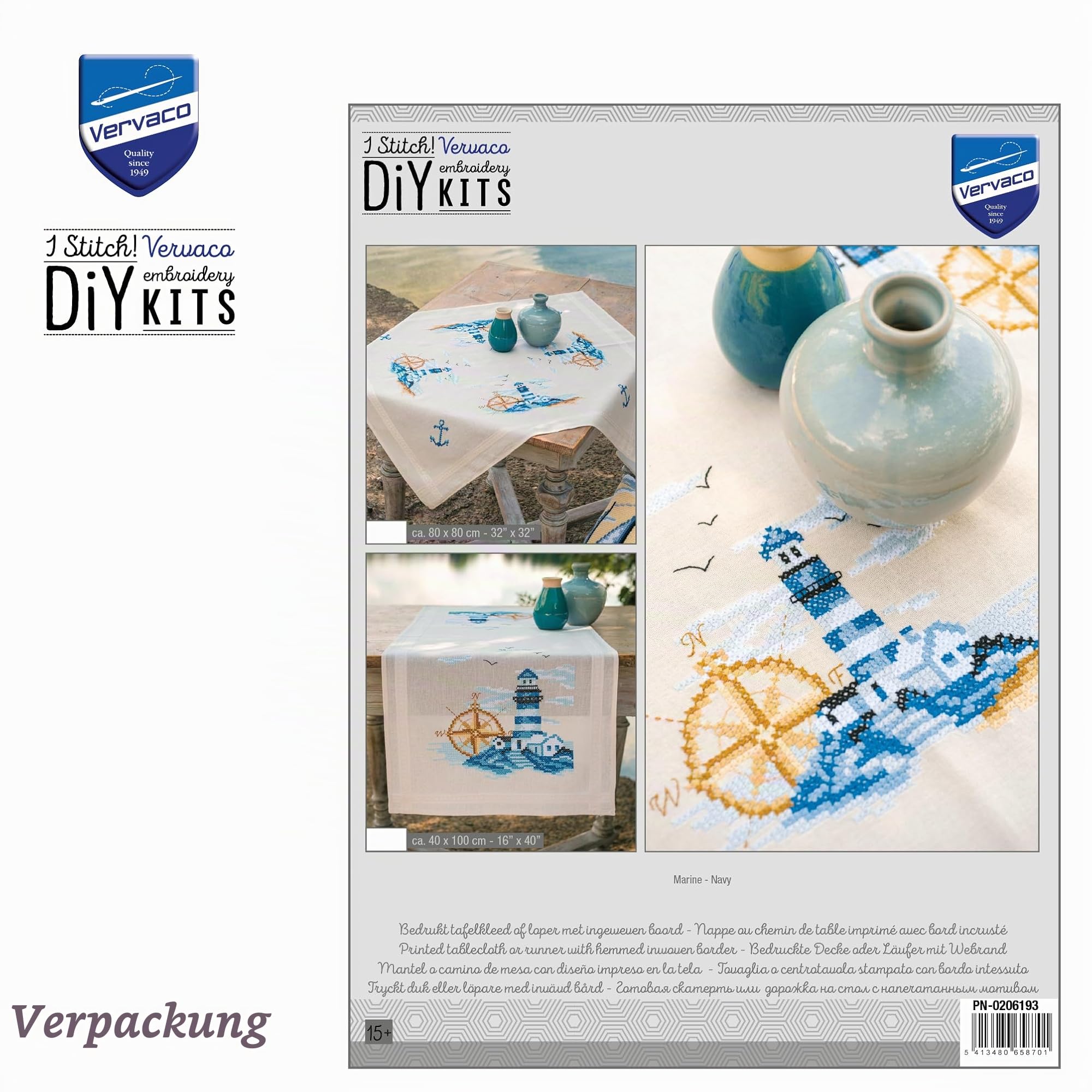 Vervaco Kreuzstich Stickpackungen Tischdecke MARINE Stickdecken Vorgezeichnet Basteln Erwachsene Kreativ Set Vorgedruckte Decke Sticken ca. 80 x 80 cm Stickset DIY Sticken Set