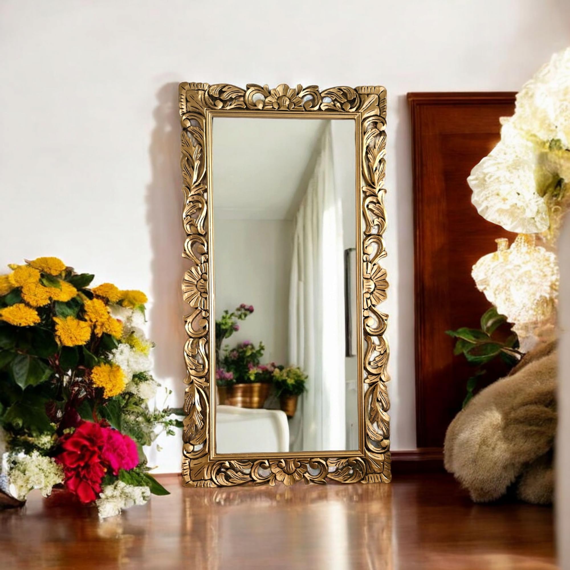 AESTHETIC DECOR Wooden Carved_Wall Mirror Frame_Full Length_RECTANGLUAR_Floor STANDINGH__Wall Decoration_Wooden Mirror Frame for Living Room, Size 4 * 2.5 ft with Out Mirror Antique Gold finsh-image-40