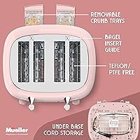 Vista 7 de Mueller Retro Toaster 4 Slice with Extra Wide Slots Bagel, Defrost, and Cancel Function, 6 Browning Levels, Dual Independent Controls, Removable Pink