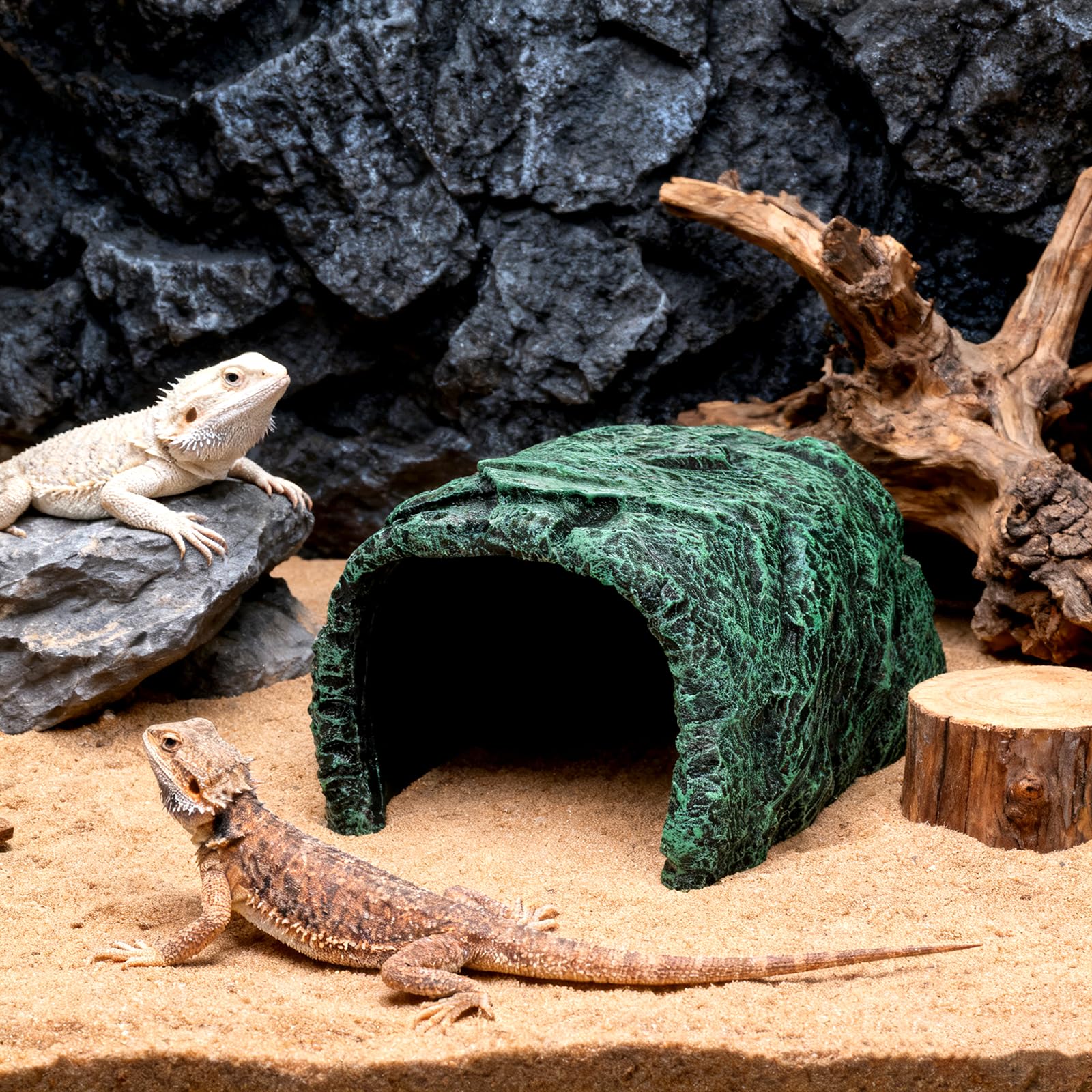 Cididu Cueva de roca para reptiles, hábitat de resina oculto para decoración de terrarios y acuarios, escondite verde para dragones barbudos, lagartos, serpientes, gecos, tortugas, animales pequeños