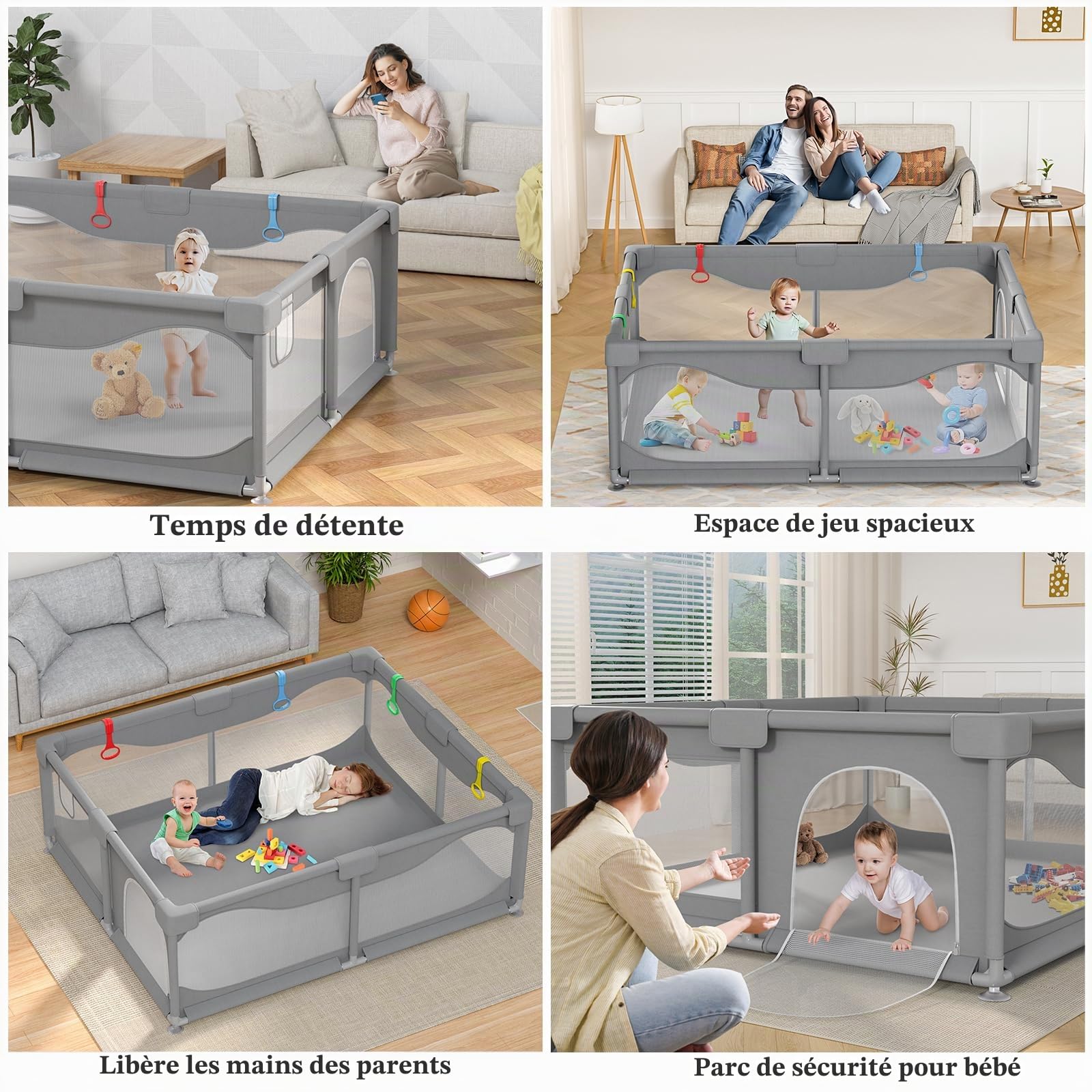 Parc Bébé 200 X 180cm Avec Ventouse, Grande Base Antidérapante, Centre d'Activités pour Enfants - Sans Tapis, Gris