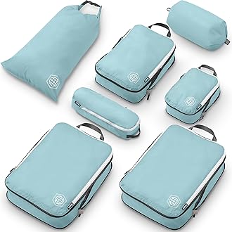 Large Compression Packing Cubes for Travel-Packing Cube Luggage Organizers 7 Piece Set for Checked Luggage-Ultralight, Expandable/Compression Bags by TRIPPED Travel Gear (DustyTeal/White)