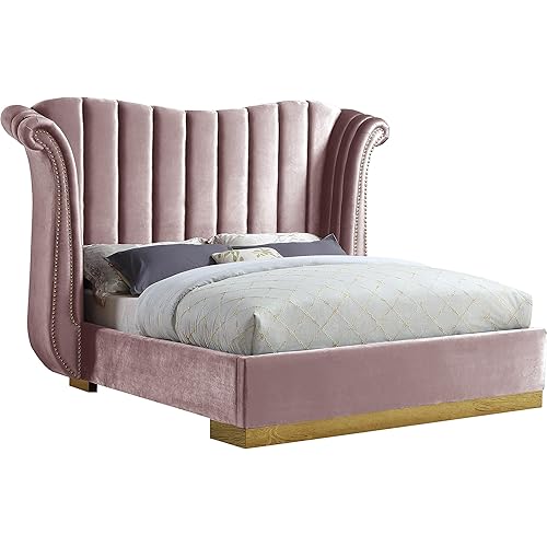 Meridian Furniture Flora Collection Modern | Contemporary Velvet Upholstered Bed Nailheads, Deep Channel Tufting and Gold Metal Base, King, Pink