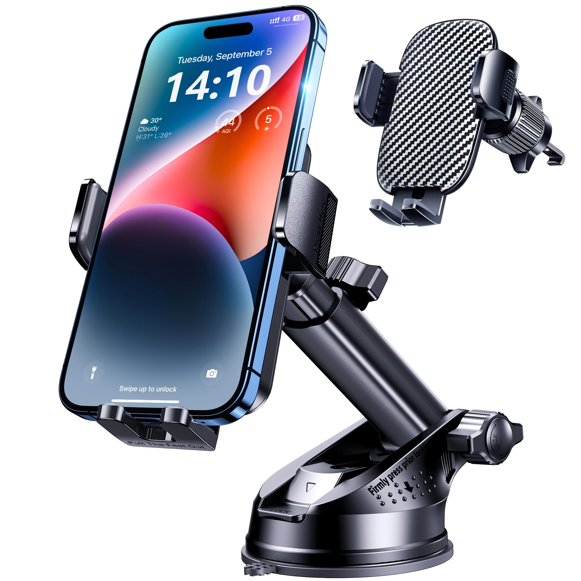 Phone Holder Car, 3-in-1 Universal Car Phone Holder Mount Windshield Dashboard Air Vent Cell Phone Car Mount Hands Free Car Phone Handlebar Mount Fit for iPhone Android Smartphone