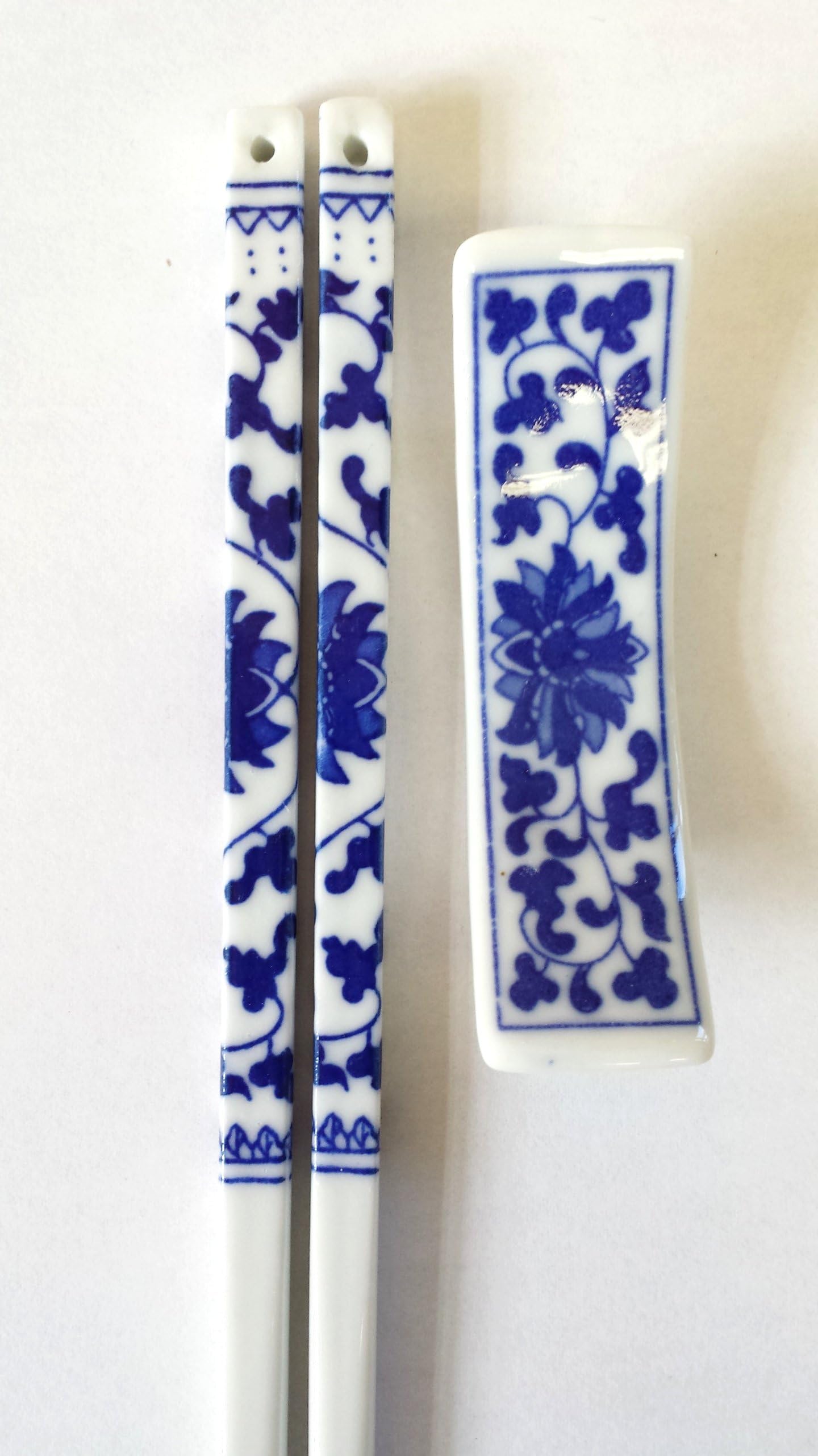 Set of Porcelain Chopsticks with Matching Rest Fired with Large Cobalt Blue Floral Design Service for 1