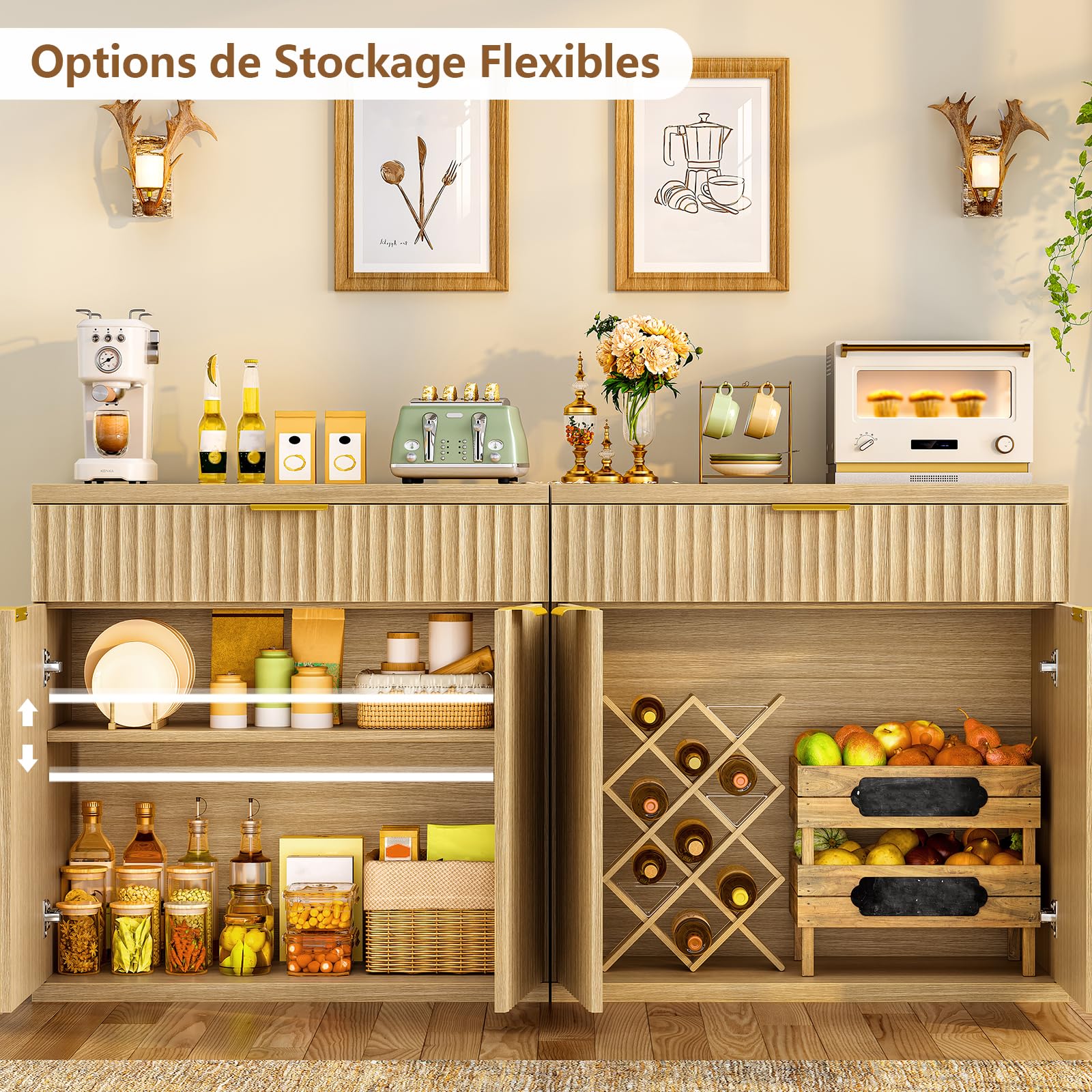 TEENFON Buffet Salle a Manger Cannelé, Meuble de Rangement avec Tiroir et Étagère Réglable, Buffet Cuisine en Bois Naturel, Poignées Dorées, idéal pour Cuisine, Salon, entrée – 80 × 38 × 80 cm