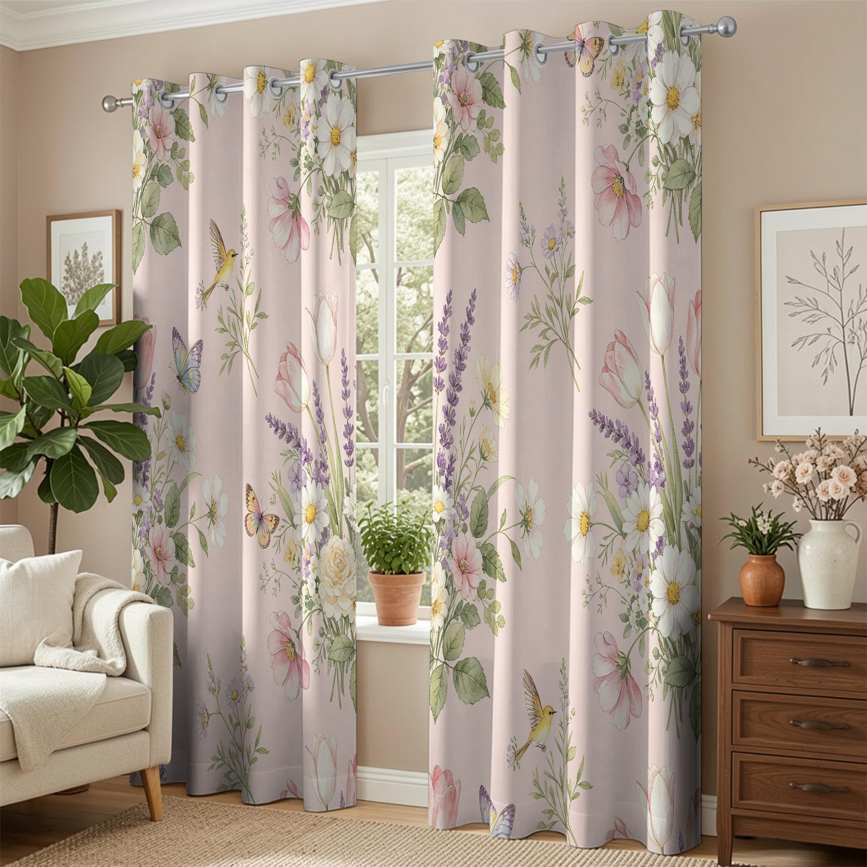 Aquarellblumen Vorhänge Blickdicht mit Ösen H 137 x B 117 cm 2er Set
