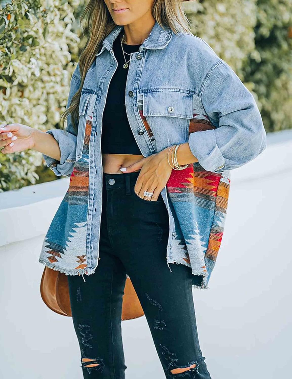 HangNiFang Aztec Denim Jacket Shacket for Women Button Down Vintage Distressed Blue Jean Jacket - Image 5