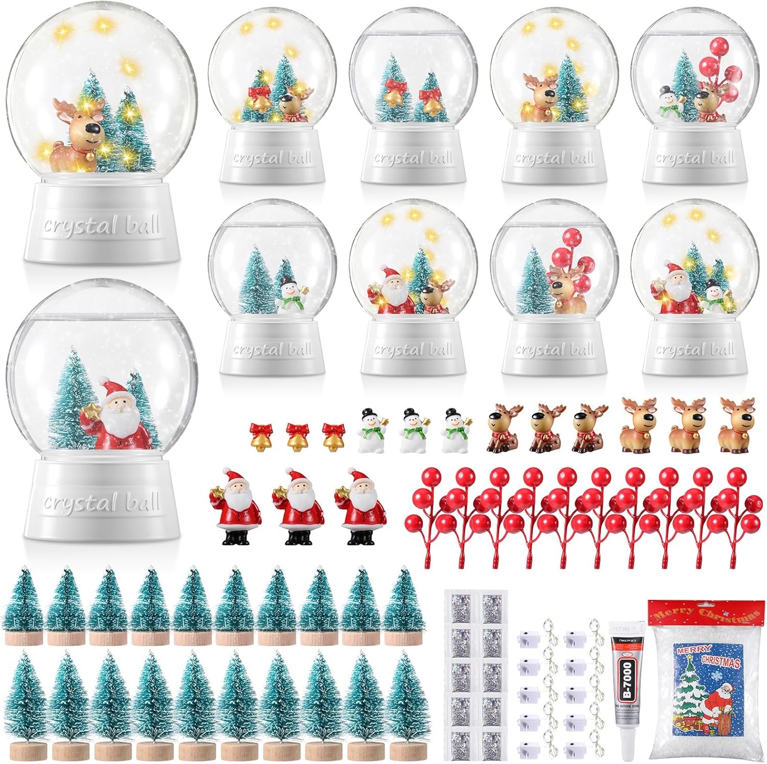 Capoda 10 Pack Christmas DIY Snow Globe Kit with Xmas LED Plastic Snow Globes Artificial Mini Christmas Tree Snowman Santa Deer Holiday Craft Set for Winter Decorations and Gifts