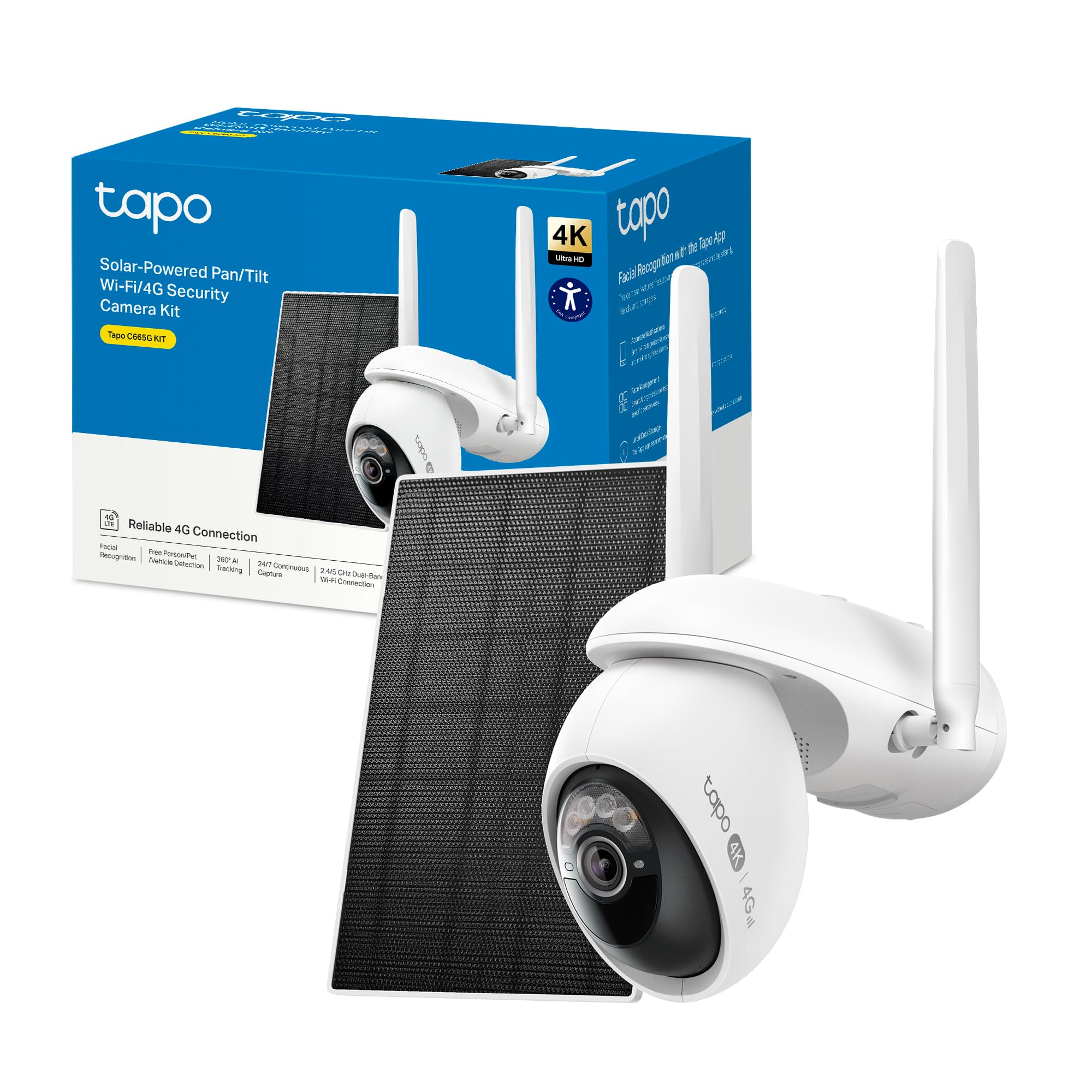 Tapo C665G Kit - Cámara vigilancia WiFi Exterior 360°, 4G y WiFi, 4K, Solar | Detección de Movimiento y Personas. Con Panel Solar. Visión Nocturna a Color. IP65. App Tapo.