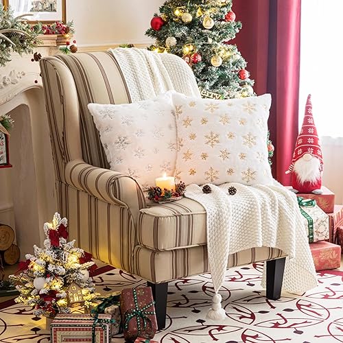 Miniatura 3 de AQOTHES Fundas de almohada decorativas peludas de piel sintética, felpa con lentejuelas de copo de nieve, almohadas con purpurina para decoración de