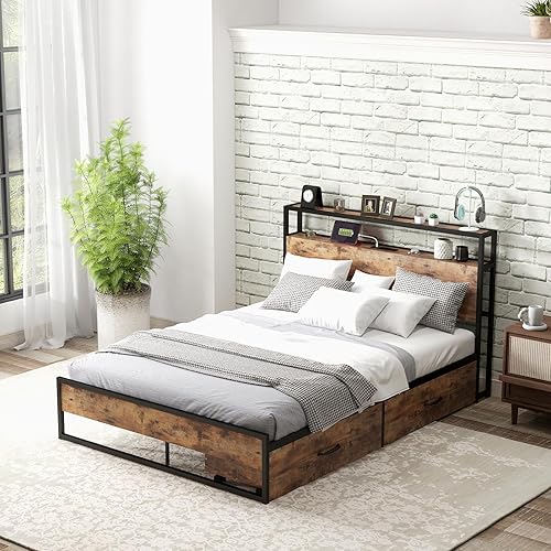 Miniatura 40 de Giantex Base de cama tamaño Queen con 4 cajones, base de cama de plataforma metálica industrial con estribo, agujeros reservados para cabecera, base