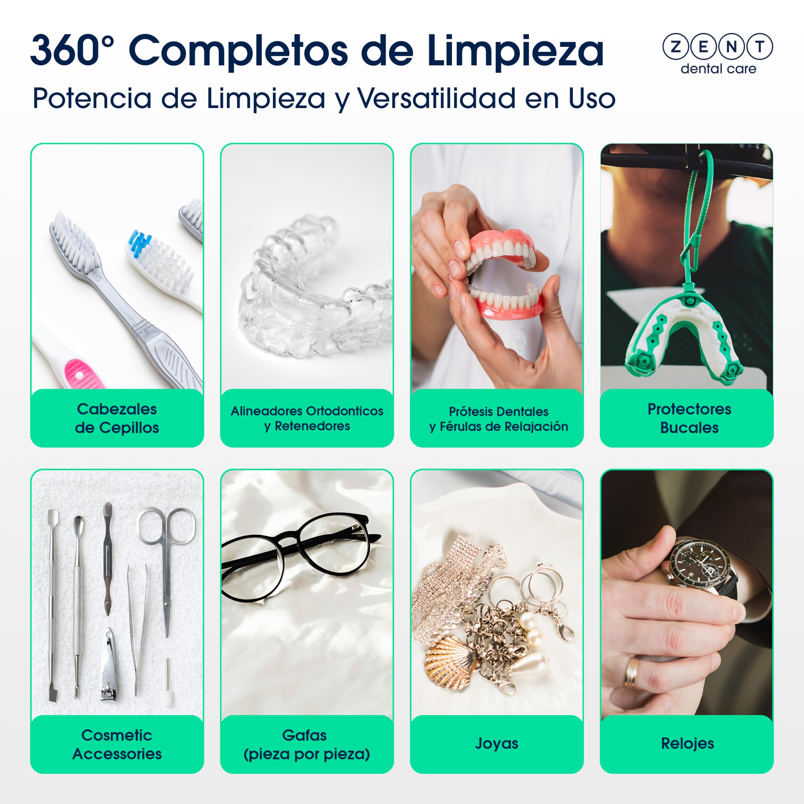 ZENT Ultrasonic Cleaner 42 kHz Limpiador ultrasonidos dental compacto, Desinfección con lámpara UV, para Prótesis dentales Joyas Alineadores ortodónticos plata, Limpieza rápida - solo 5 minutos, 0.2l