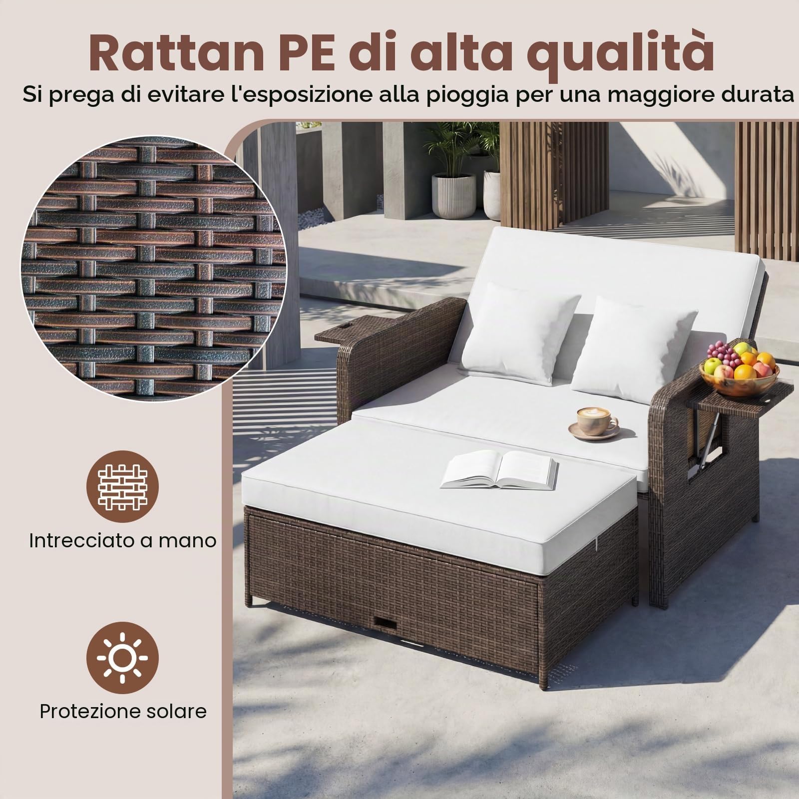 GIANTEX Divano da Giardino in Rattan con Poggiapiedi, Doppio Divano da Esterno con Schienale Regolabile, Mobili da Giardino per Terrazza, Balcone, Cortile