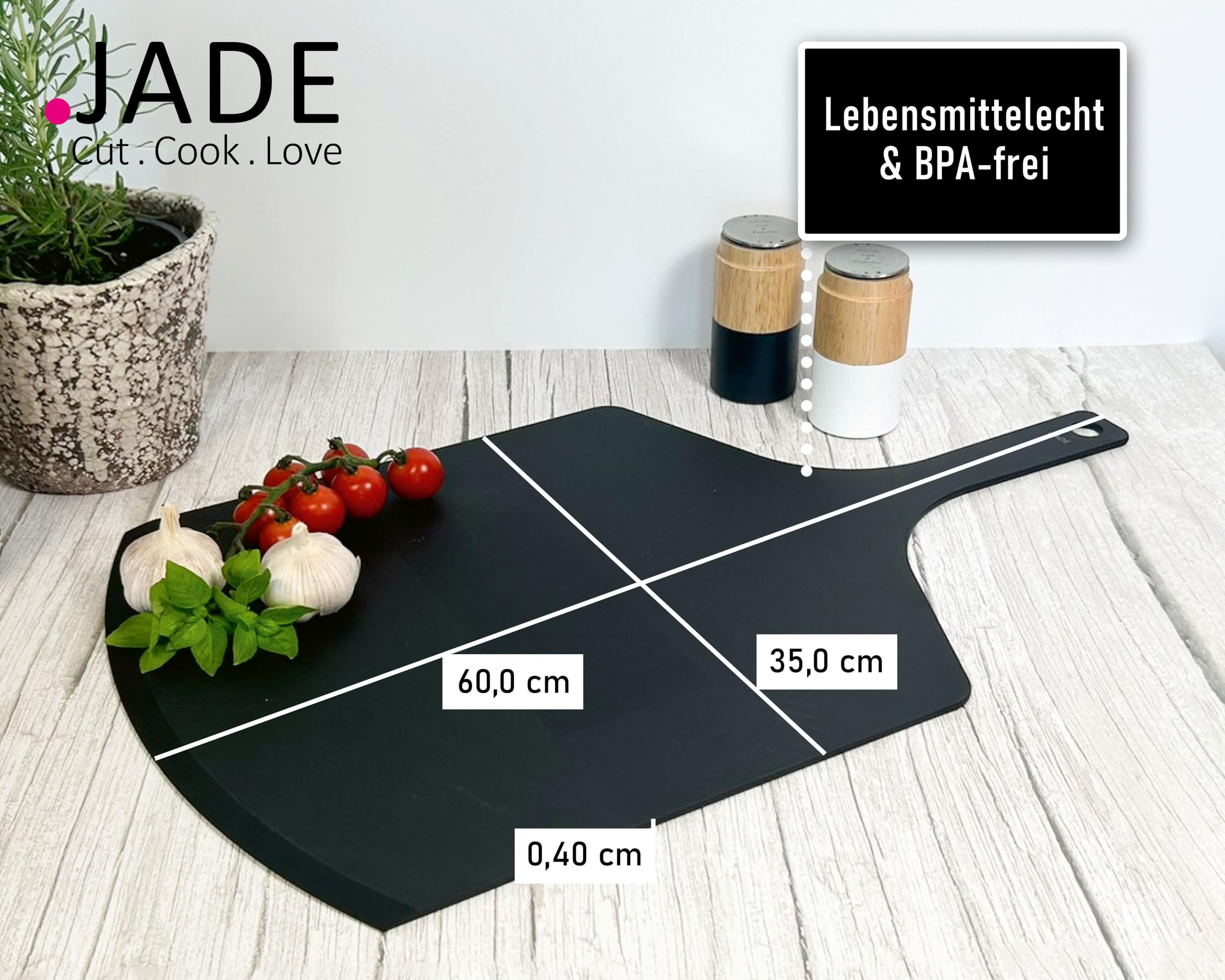 JADE Servier-/Schneidebrett "Pizza", Zellulose-Laminat, spülmaschinenfest, hygienisch, messerschonend, extrem robust, hitzebeständig bis 176°C, Aufhängeöse, praktischer Griff, BPA-frei