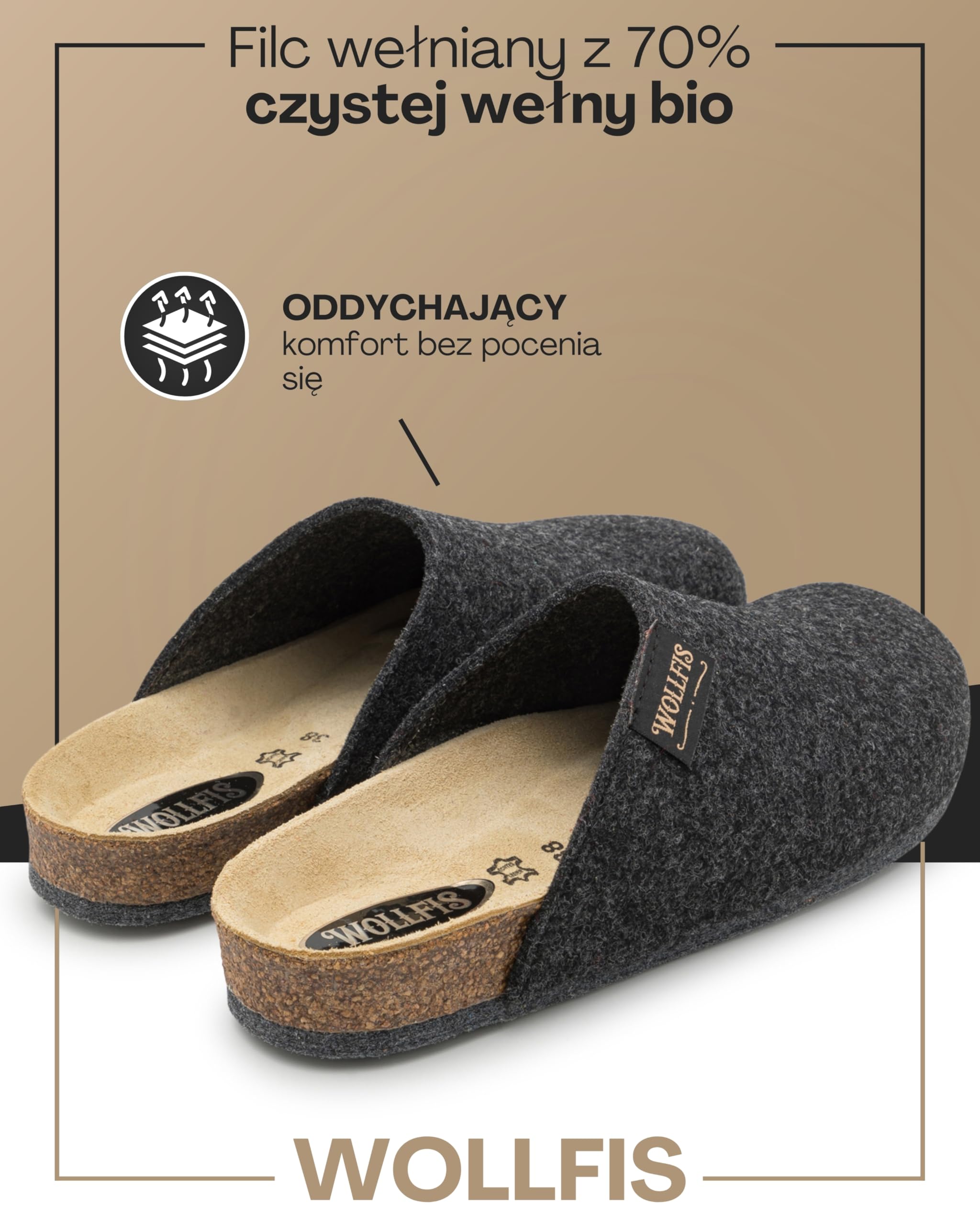 Bio filcowe chodaki, eleganckie pantofle filcowe z wysokiej jakości korka i filcu wełnianego, ciepłe kapcie uniseks z podeszwą ABS, ergonomiczne, oddychające i antypoślizgowe