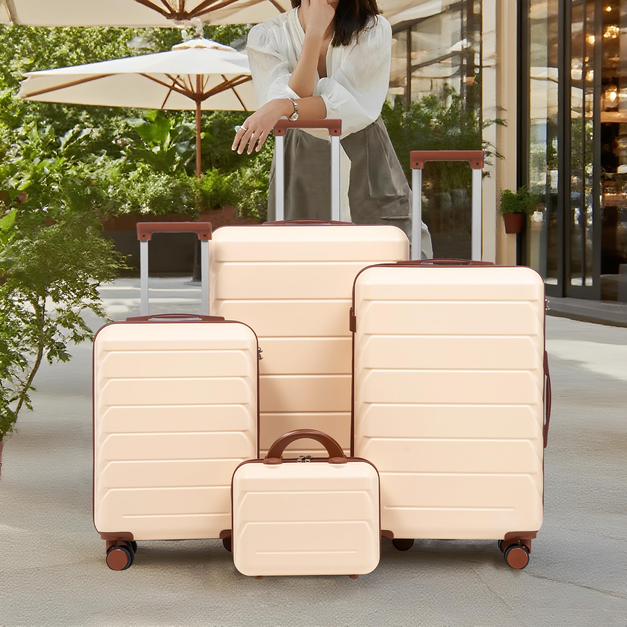 Set di 4 Valigie in ABS con Beauty Case, Viaggio, Beige