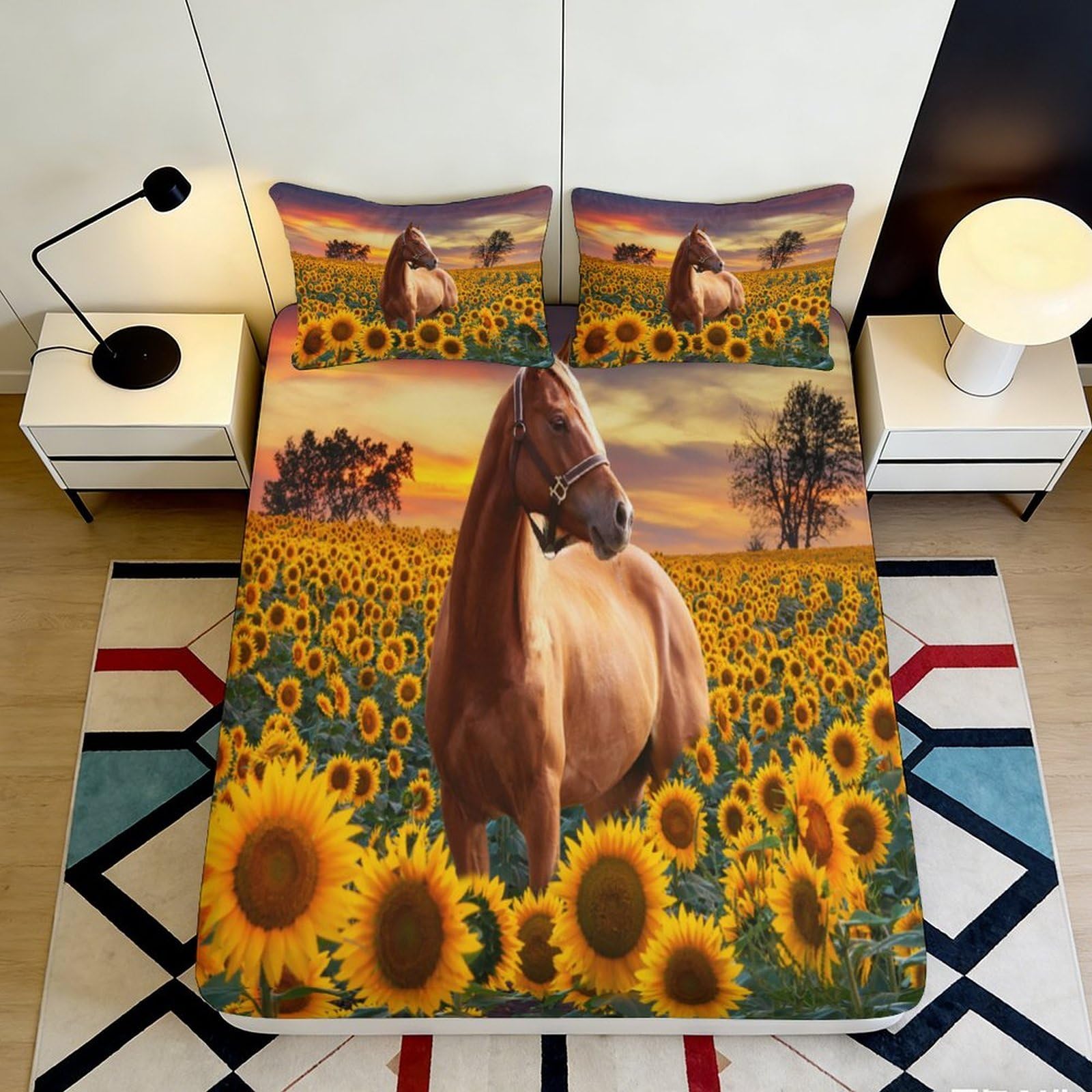 3D Printed Horse Sunflower Fitted Sheet Microfiber Soft Breathable Sunset Field Bed Cover for Bedroom Dormitory Guest Room Mattress Protection Decor 90x200x25cm