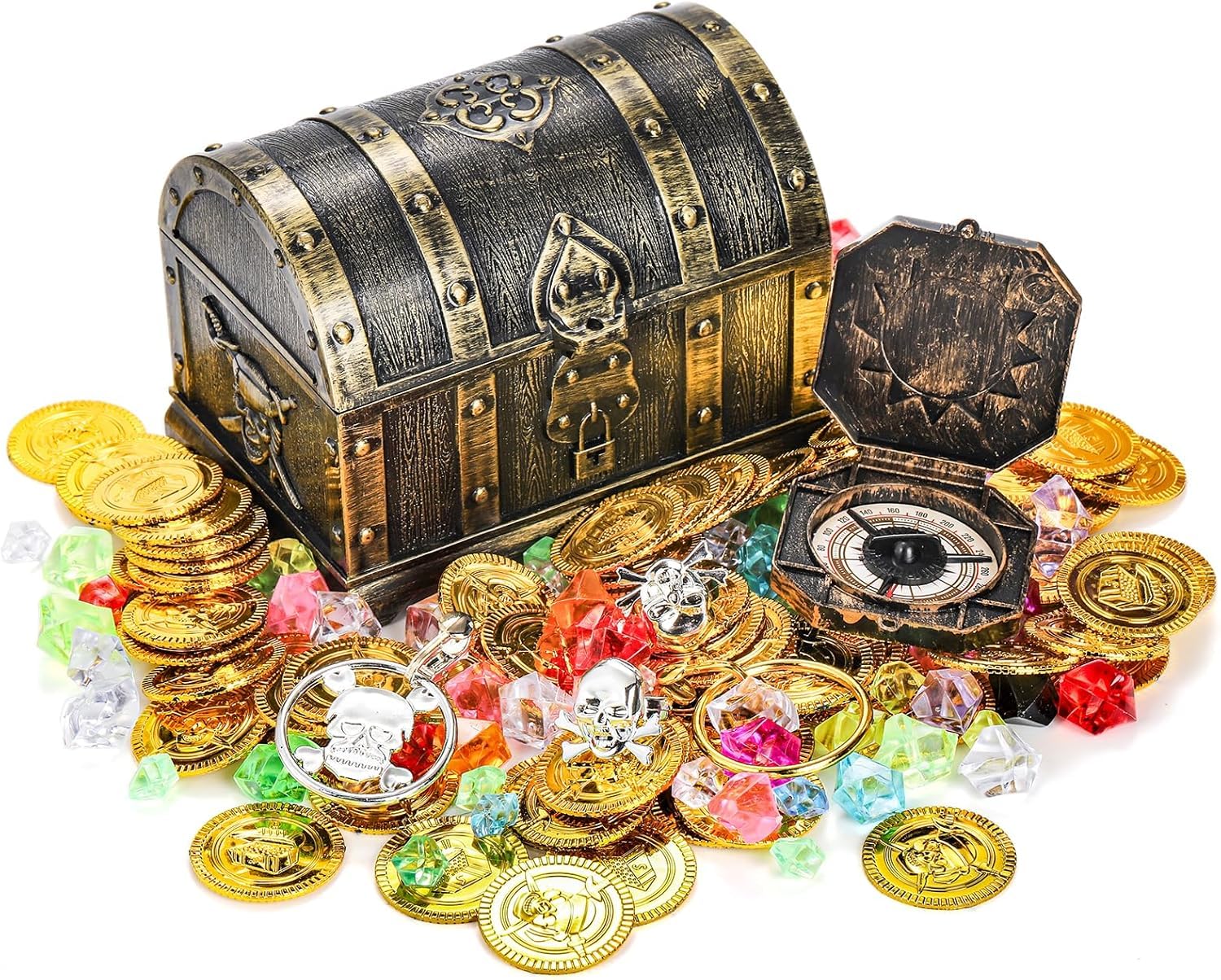 Lawei 207 Pieces Kids Pirate Treasure Chest Toy Box Antique Color with 100 Colorful Gems 100 Plastic Gold Coins 4 Earrings 2 Rings 1 Compass for Boy Girl Halloween Pirate Themed Party Favors