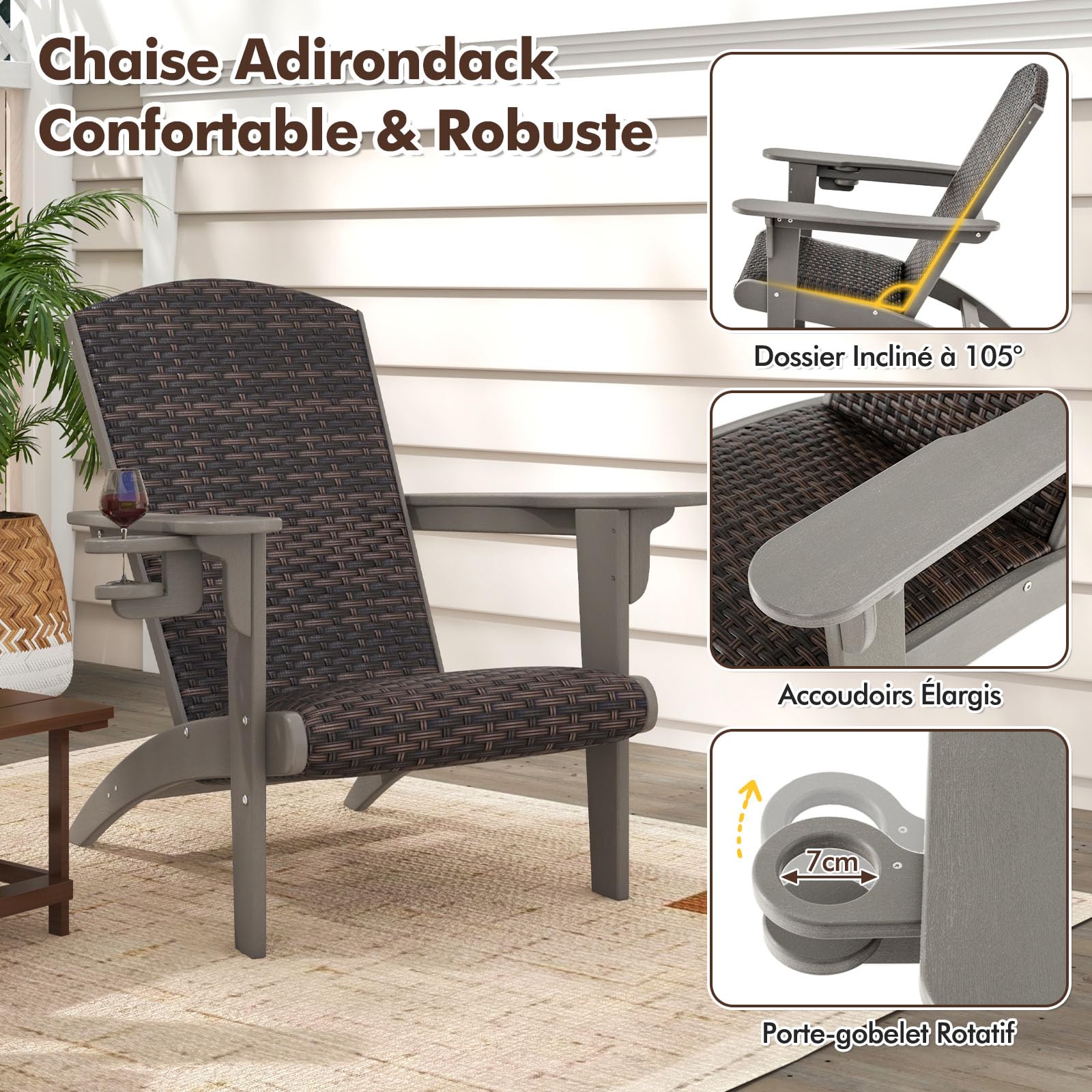 COSTWAY Fauteuil Jardin Exterieur, Chaise Adirondack en HDPE, Porte-Gobelet Rotatif, Siège et Dossier Rembourrés en Rotin, Chaise Longue pour Jardin Porche, 92 x 76 x 100 cm, Charge 150 kg (Gris)