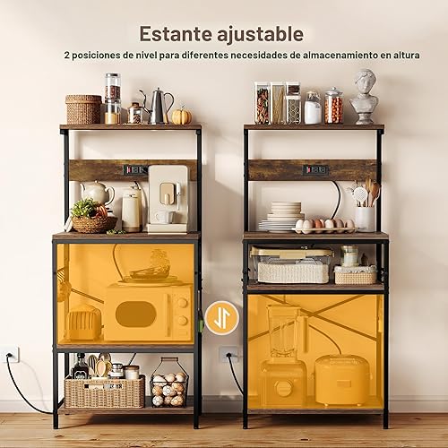 Miniatura 5 de SUPERJARE Estante de panadero de cocina con toma de corriente, mesa de bar de café de 4 niveles, soporte de microondas de cocina con 6 ganchos en