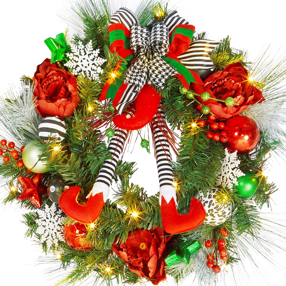 GAOMON 24 Inch Pre-lit Christmas Wreath for Front Door, Red Green Battery Operated Xmas Wreath with 20 LED Lights, Elf Legs Boot, Ball Ornaments, Flowers & Ribbon Bows for Home Holiday Decor