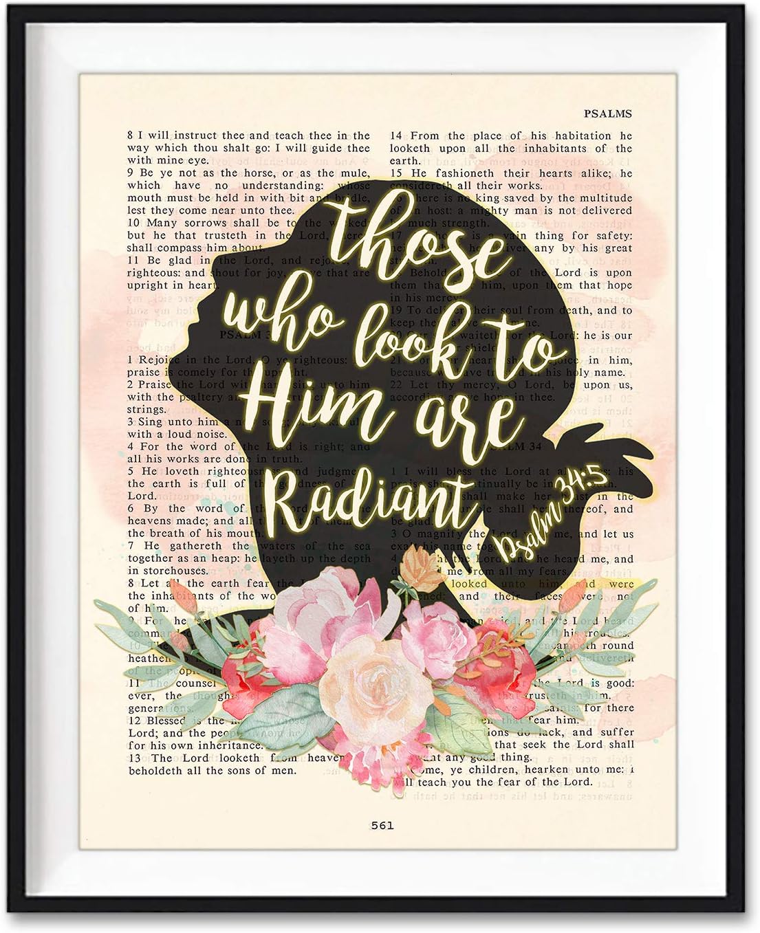 Those Who Look to Him Are Radiant, Psalm 34:5, Christian Art Print, Unframed, Vintage Bible Page Verse Scripture, Woman Silhouette Flower Wall and Home Decor Poster, 8x10 Inches