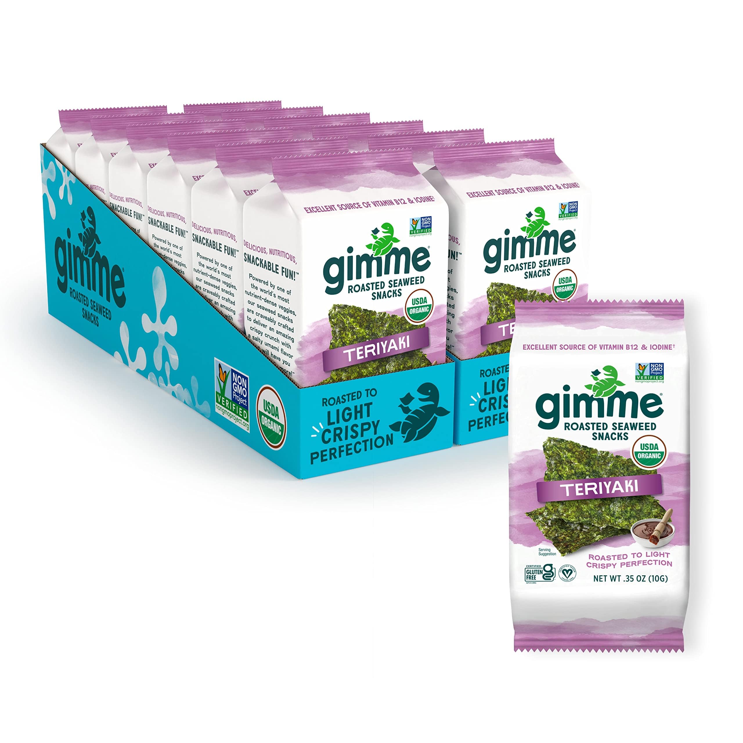 Gimme Seaweed Organic Premium Roasted Seaweed Snacks, Teriyaki, 12 Count Sharing Size, Keto, Vegan, Gluten-Free, Great Source of Omega3s and Iodine, Healthy On-The-Go Snack for Kids and AdultsUSDA Organic