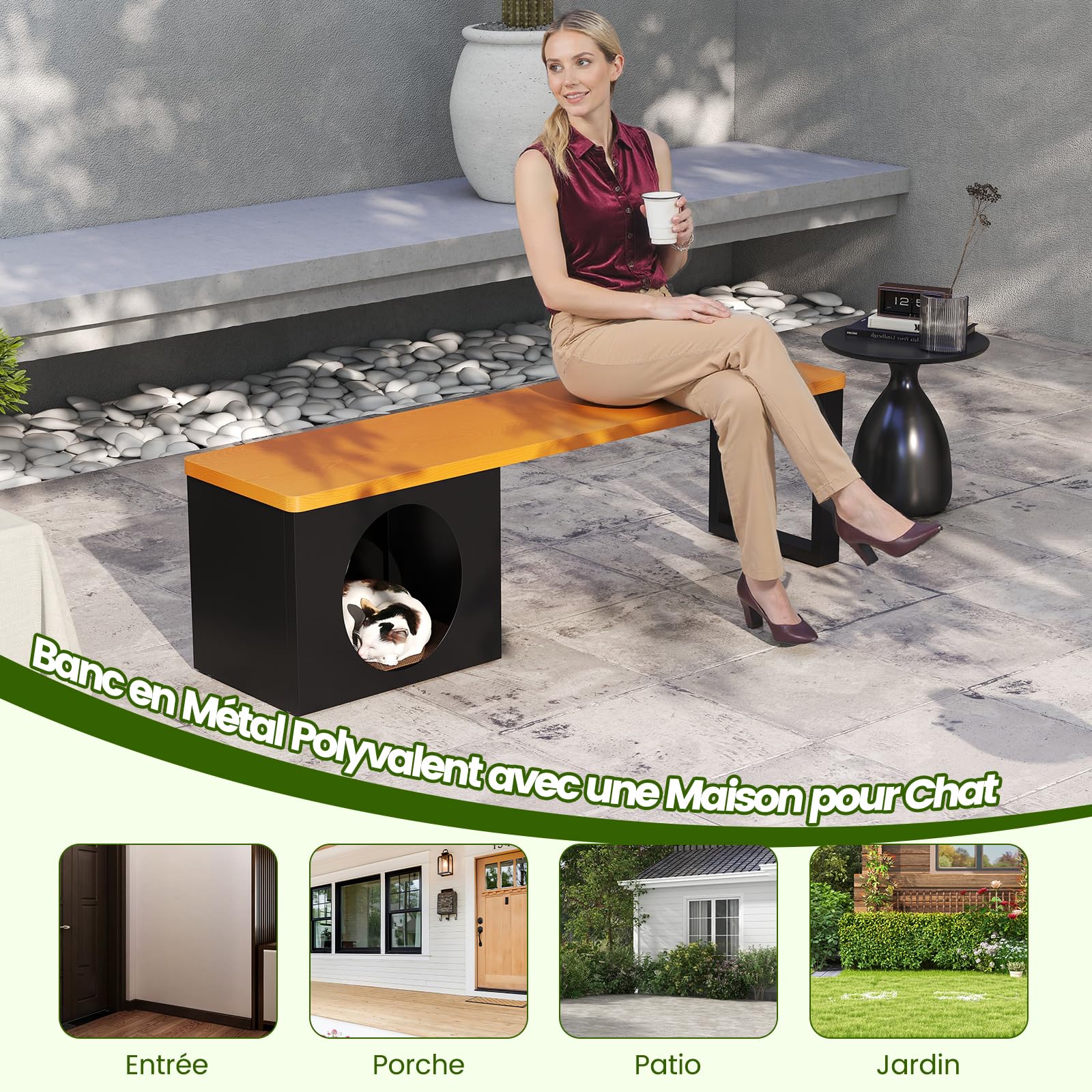 COSTWAY Banc Exterieur Jardin avec Niche pour Chat, Banc de Jardin pour 3 Personnes, Charge 450 kg, Meuble Chat avec Planche à Griffer, pour Porche Cour Entrée, 150 x 38 x 44 cm