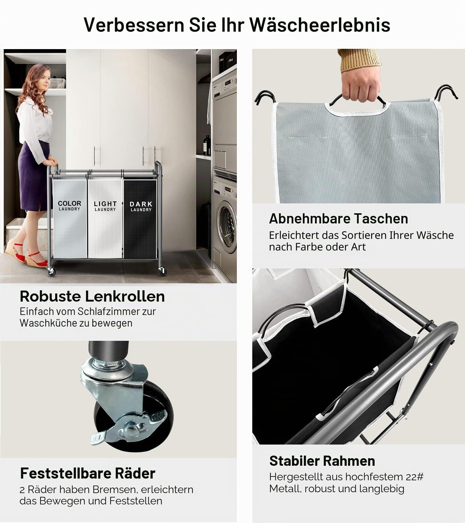 ROMOON Wäschesortierer, 3-teiliger Wäschesammler mit Rollen, rollender Wäschekorb mit großer Kapazität und abnehmbaren Taschen für Kleideraufbewahrung, mehrfarbig