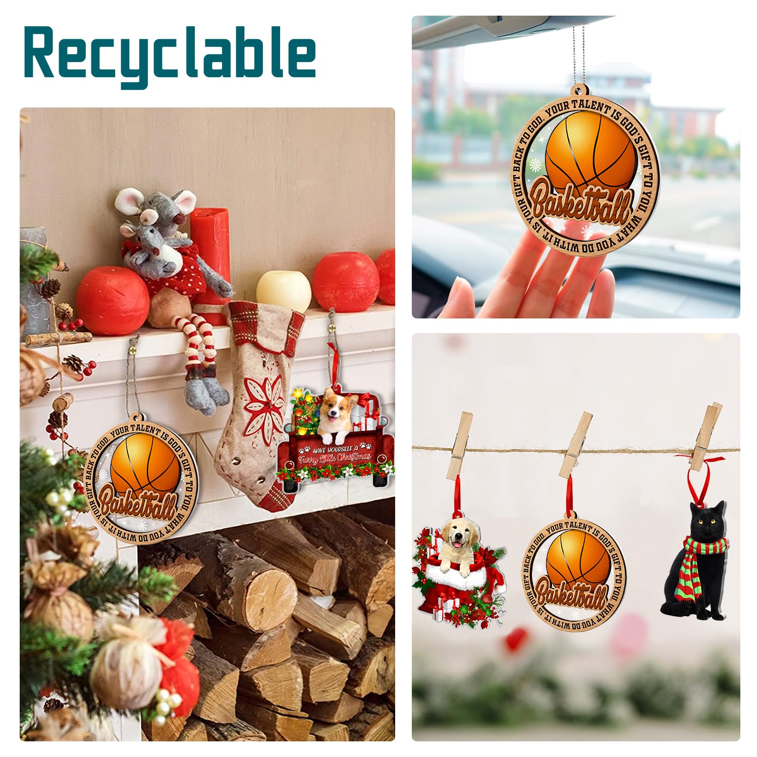 Basketball Christmas Ornament - 2 Layer Wood & Acrylic Tree Decor For Basketball Fans