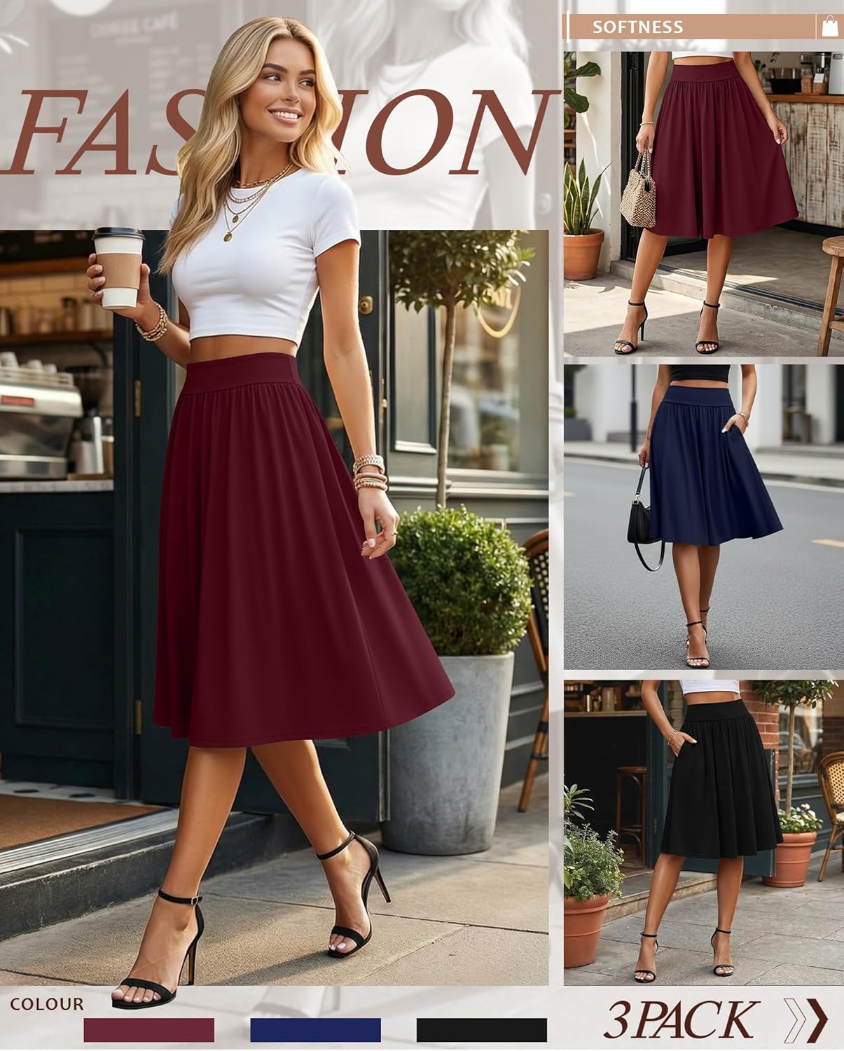 3 Pcs Womens Midi Skirts Knee Length with Pockets Casual High Waisted 2026 Trendy Summer Midi Skirt for Ladies - Image 4