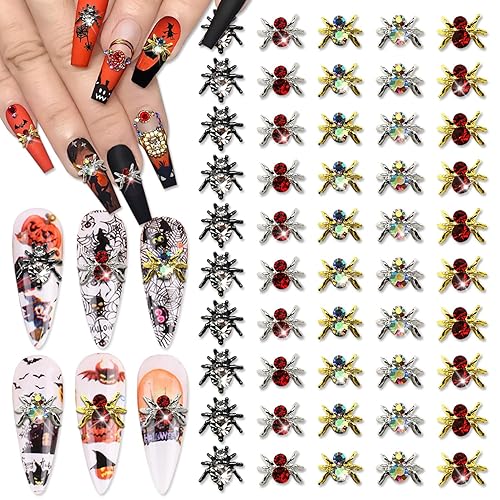 WOKOTO 50 dijes de araña 3D para uñas, oro plateado y negro, aleación para arte de uñas, diamantes de imitación, 5 colores, dijes de arte de uñas